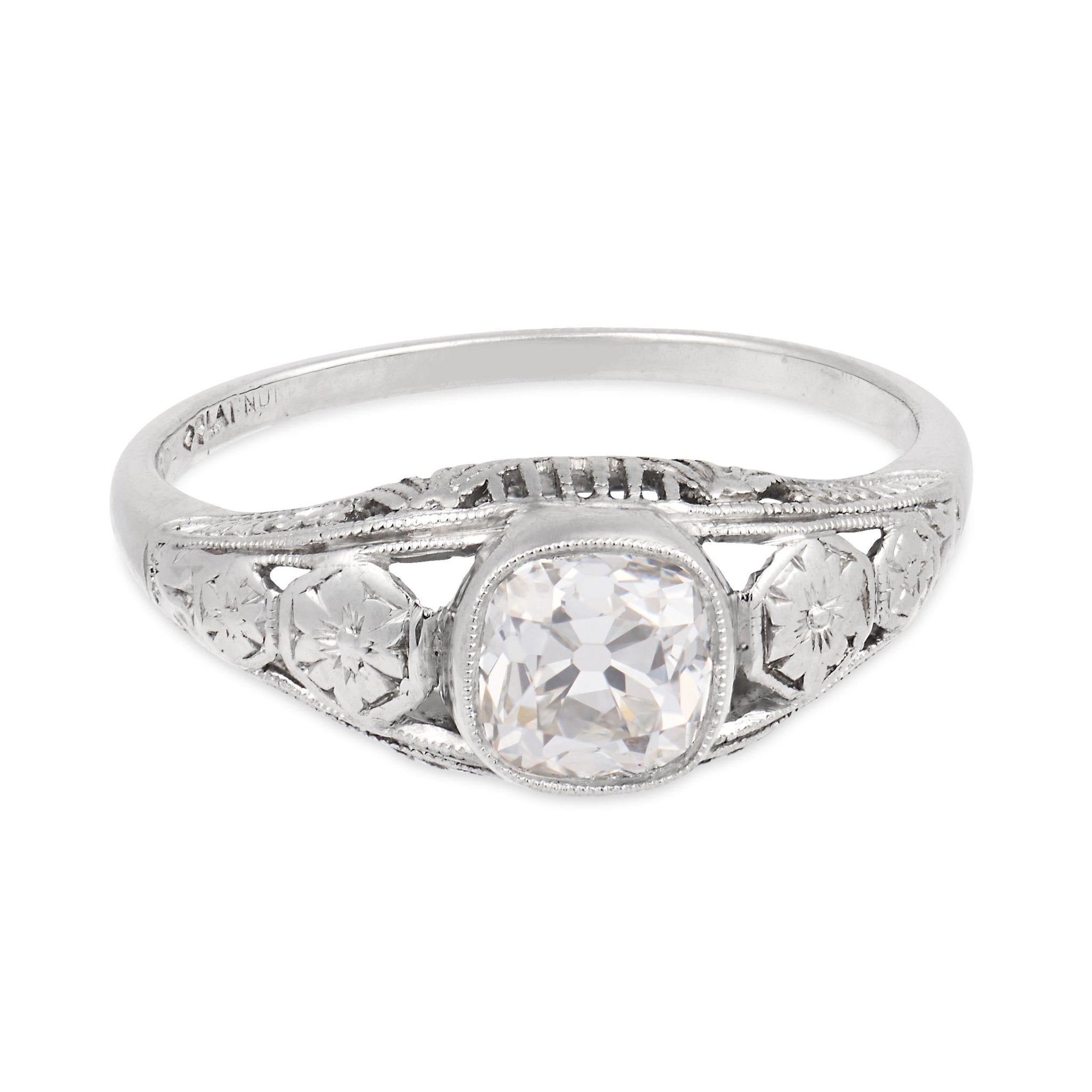 Art Deco GIA 0.91 carat old mine cut diamond platinum engagement ring