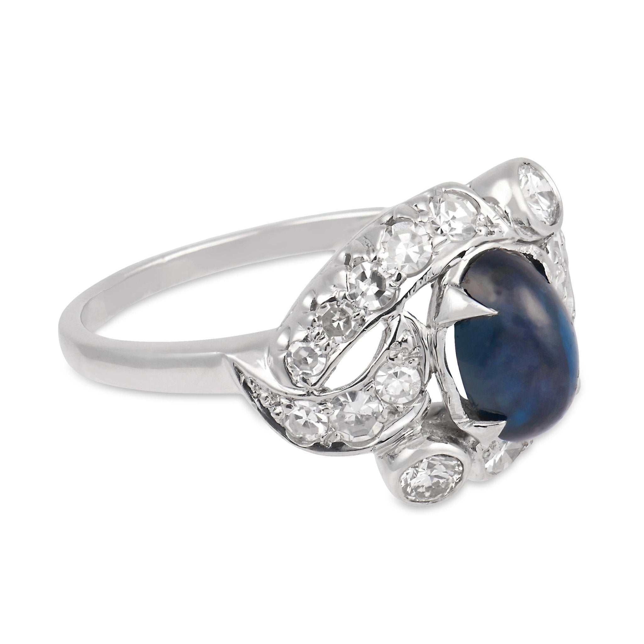 Art Deco cabochon cut sapphire diamond platinum dinner ring