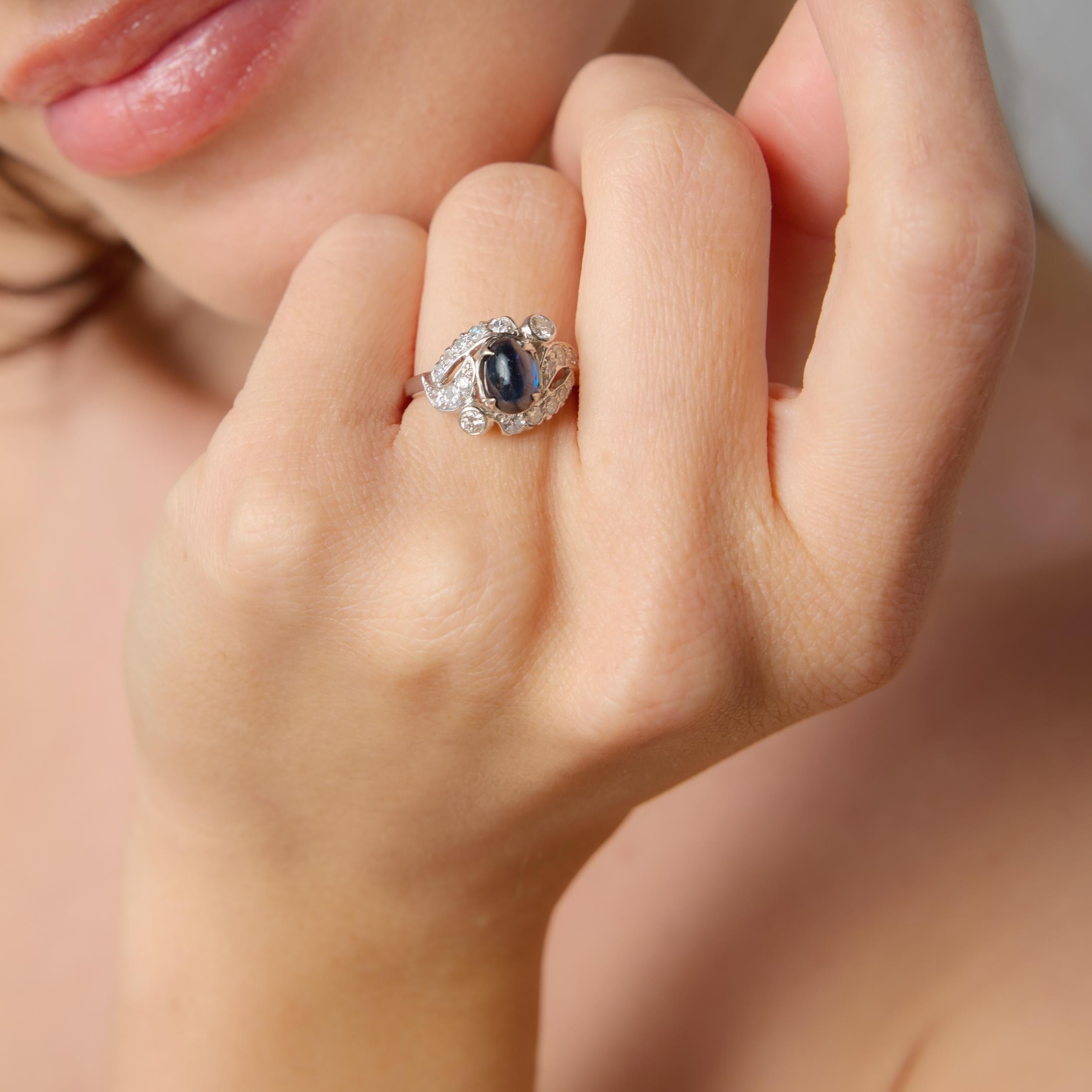 Art Deco cabochon cut sapphire diamond platinum dinner ring