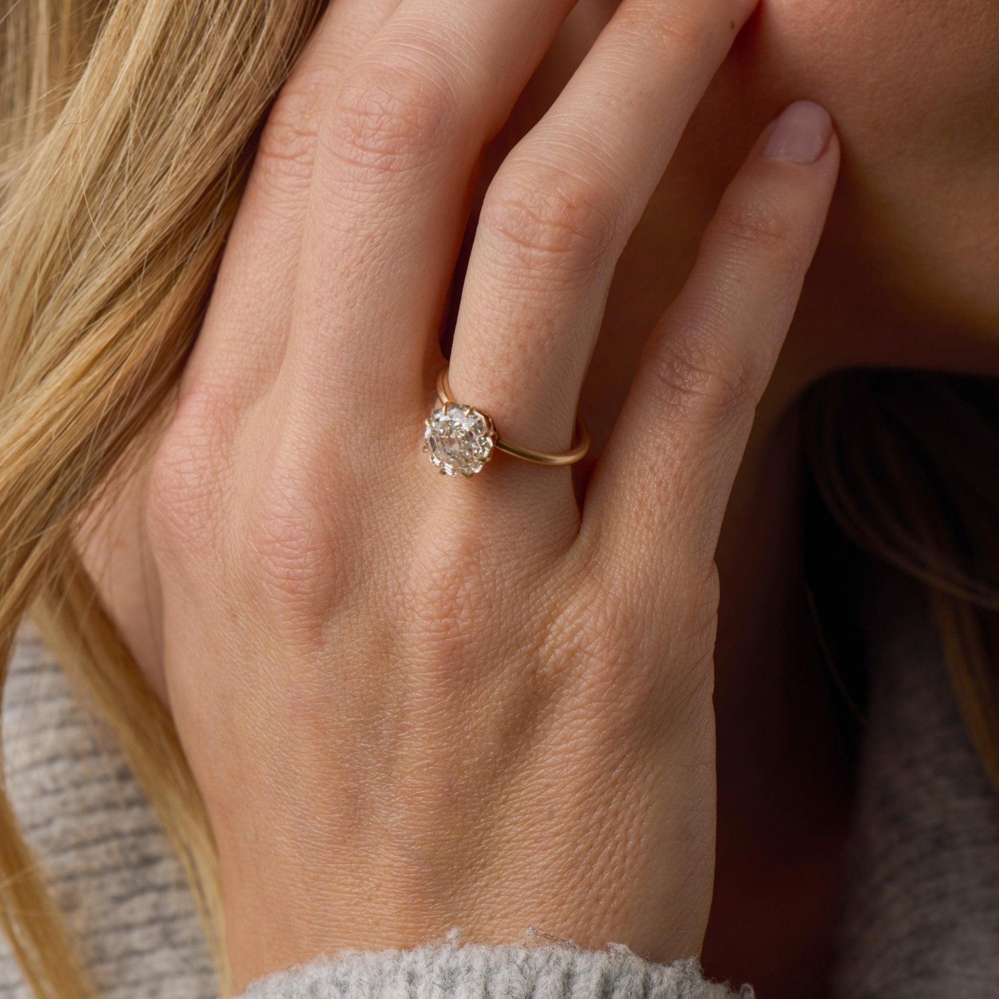 Victorian GIA 3.28 carat octagonal cut diamond 14k yellow gold engagement ring