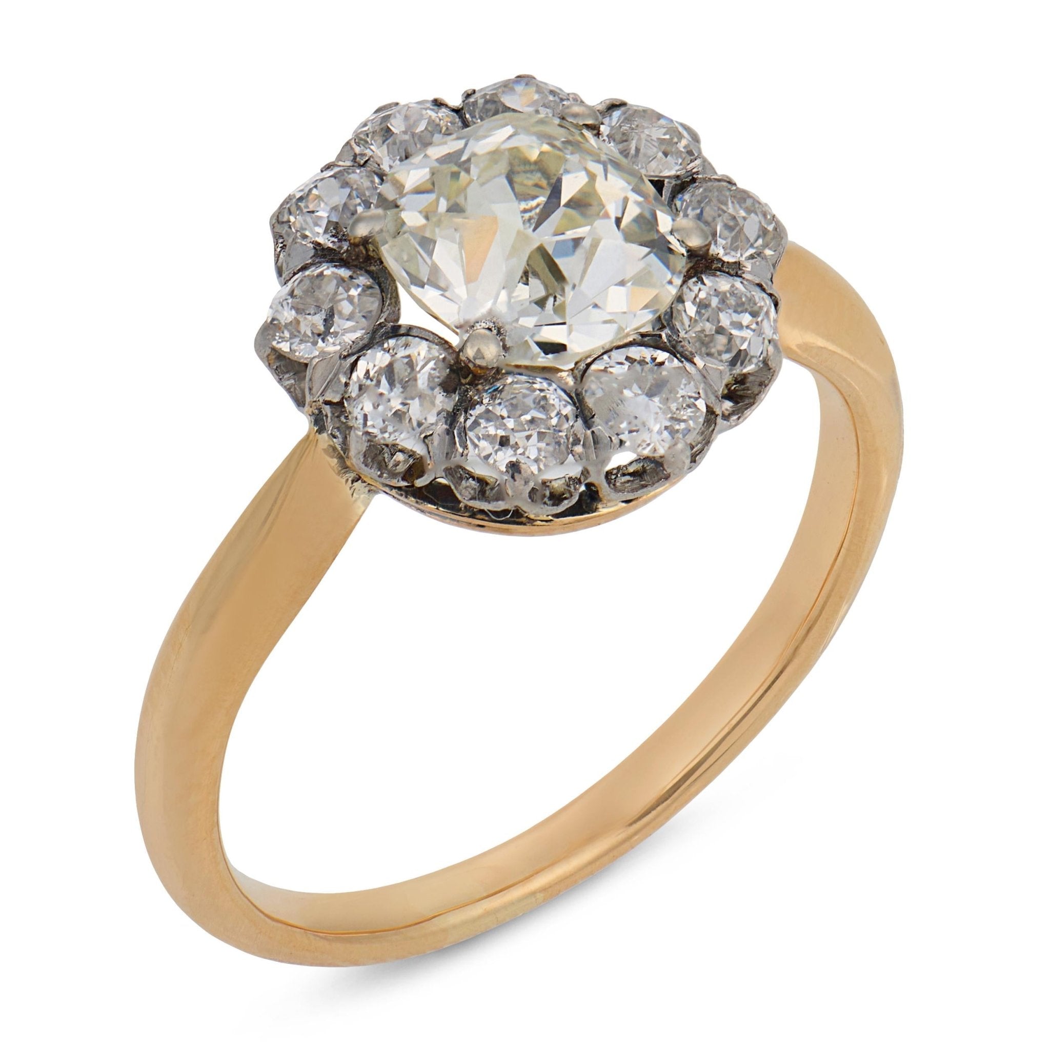 Victorian GIA 1.00 carat old mine cut diamond 18k yellow gold cluster ring