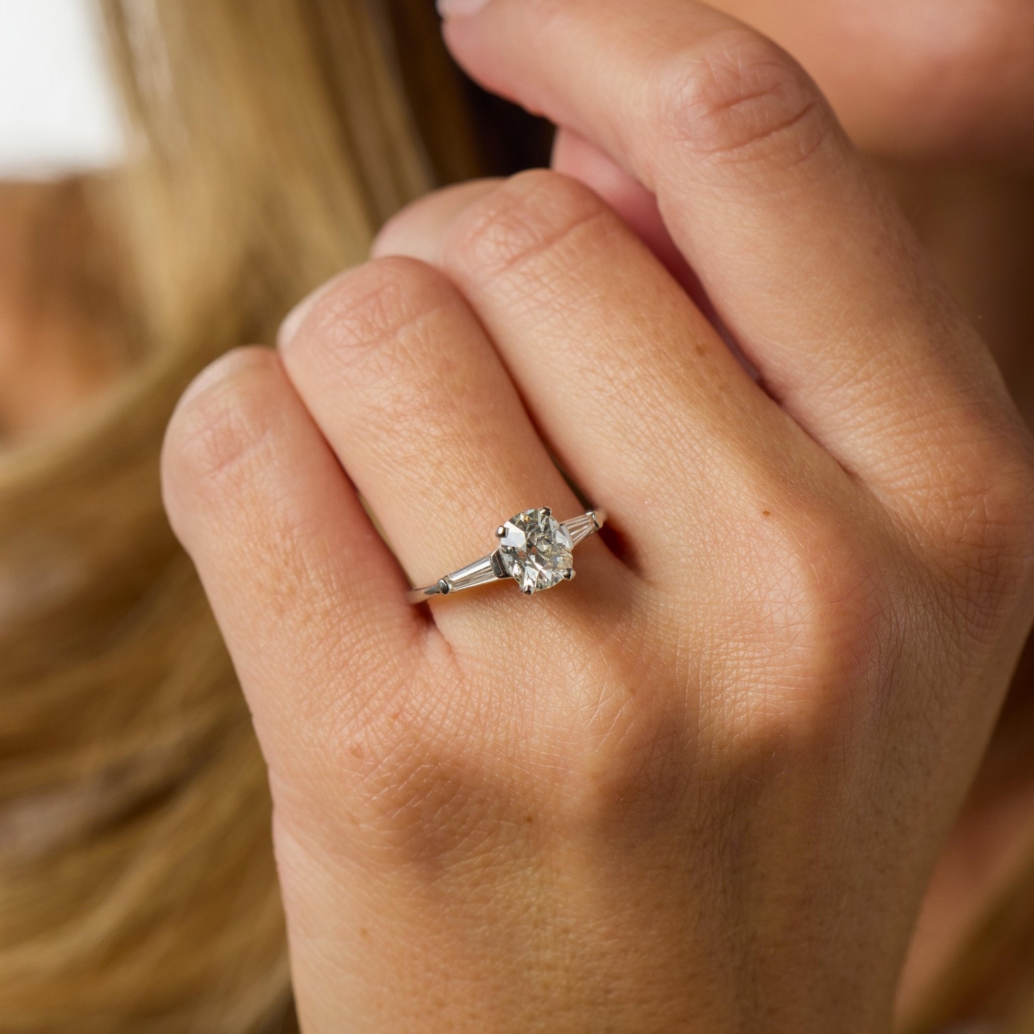 Mid Century GIA 1.18 carat old mine cut diamond platinum engagement ring