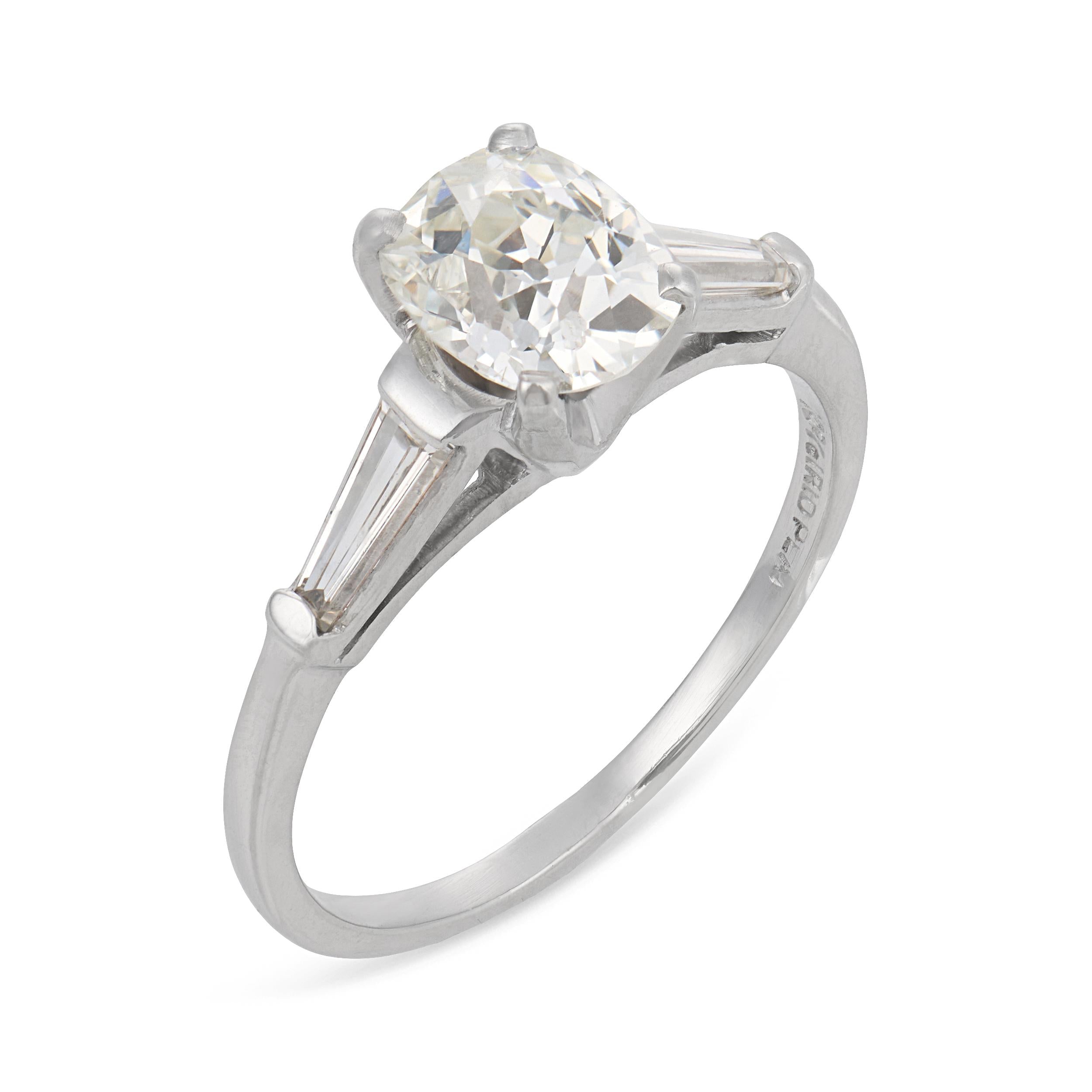 Mid Century GIA 1.18 carat old mine cut diamond platinum engagement ring