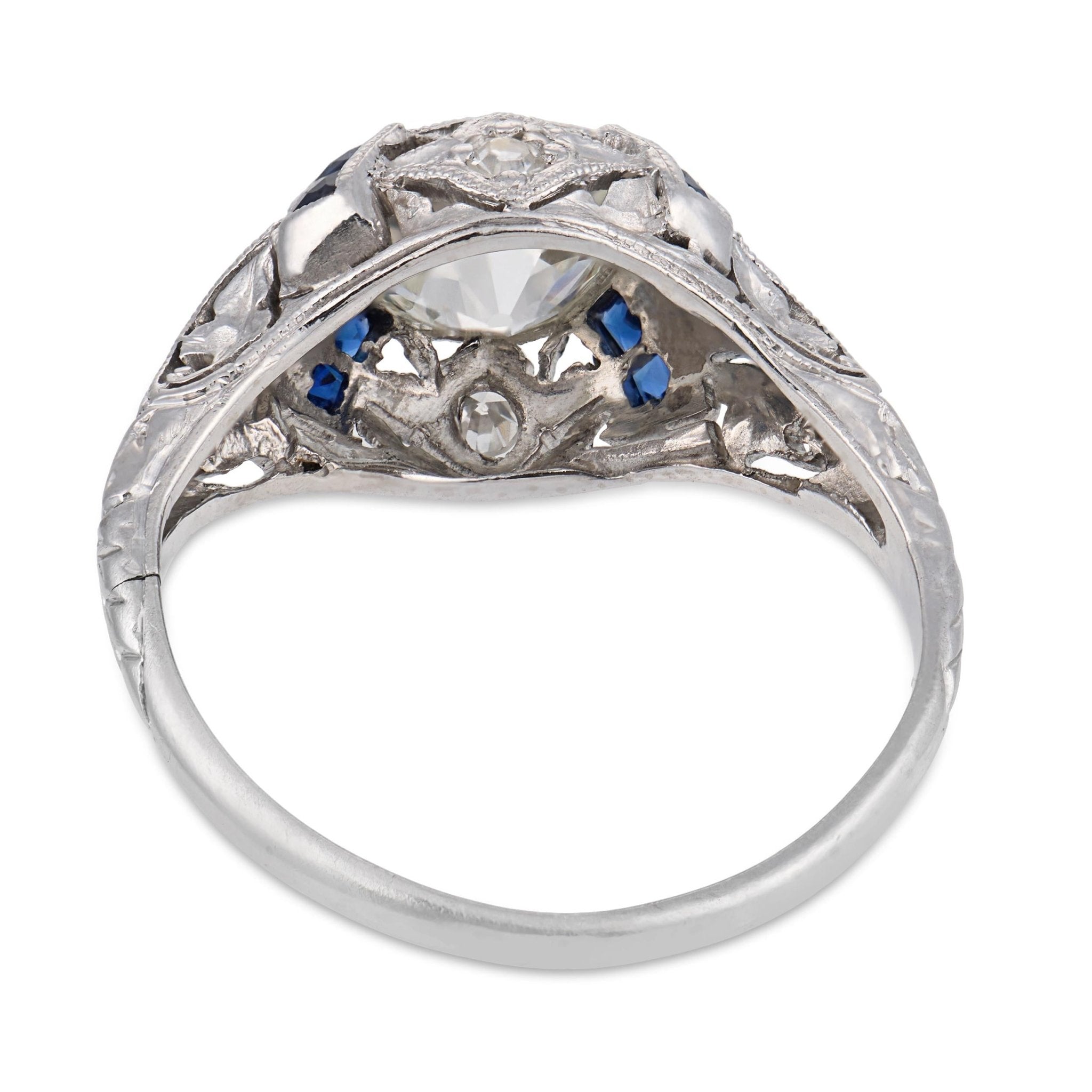 Art Deco GIA 1.36 carat diamond sapphire platinum engagement ring