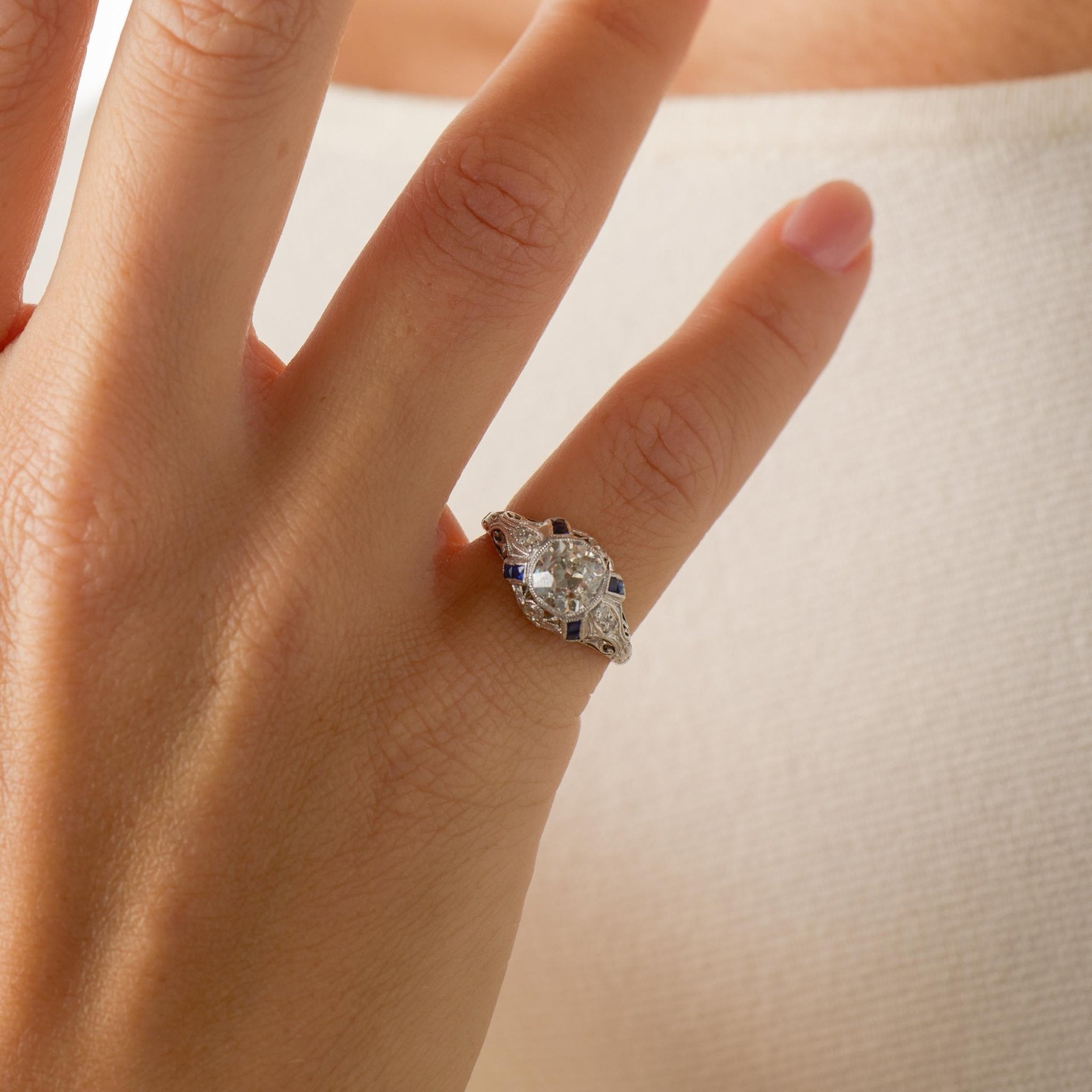 Art Deco GIA 1.36 carat diamond sapphire platinum engagement ring