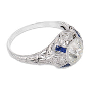Art Deco GIA 1.36 carat diamond sapphire platinum engagement ring