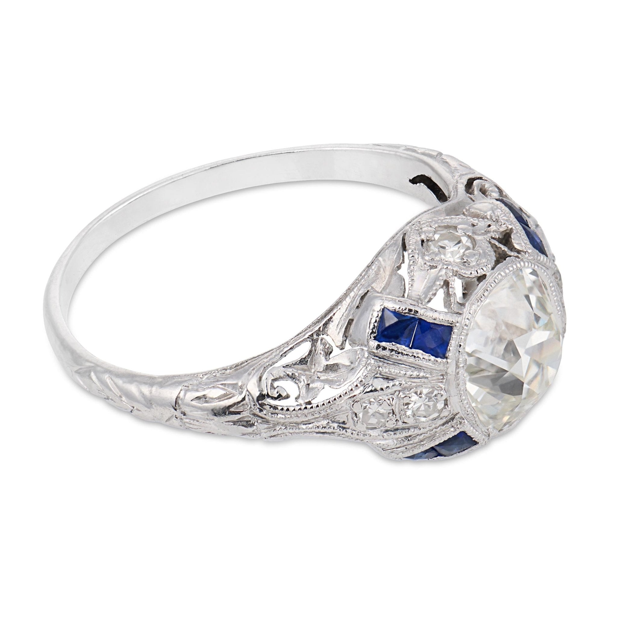 Art Deco GIA 1.36 carat diamond sapphire platinum engagement ring