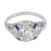 Art Deco GIA 1.36 carat diamond sapphire platinum engagement ring