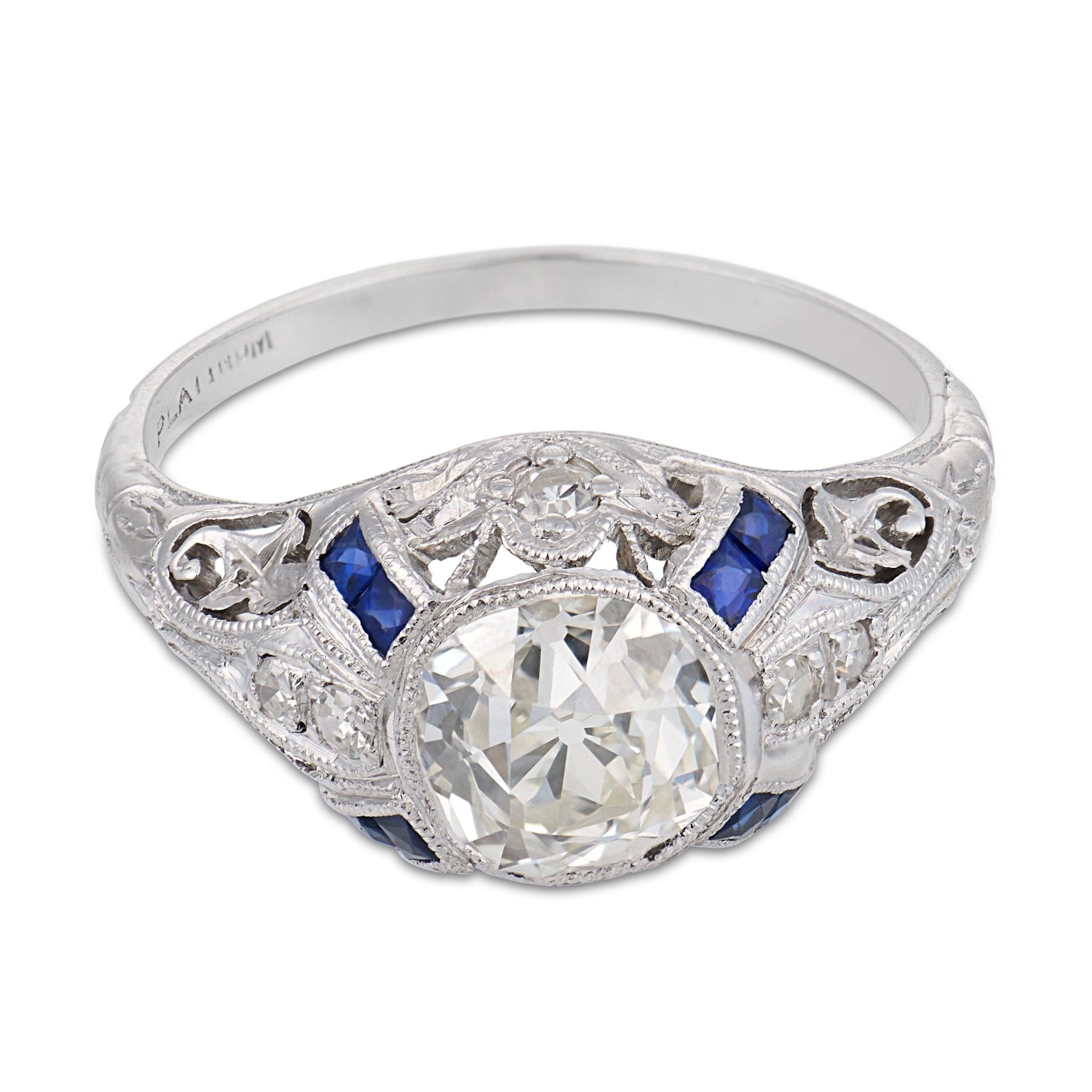 Art Deco GIA 1.36 carat diamond sapphire platinum engagement ring