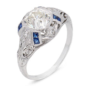 Art Deco GIA 1.36 carat diamond sapphire platinum engagement ring