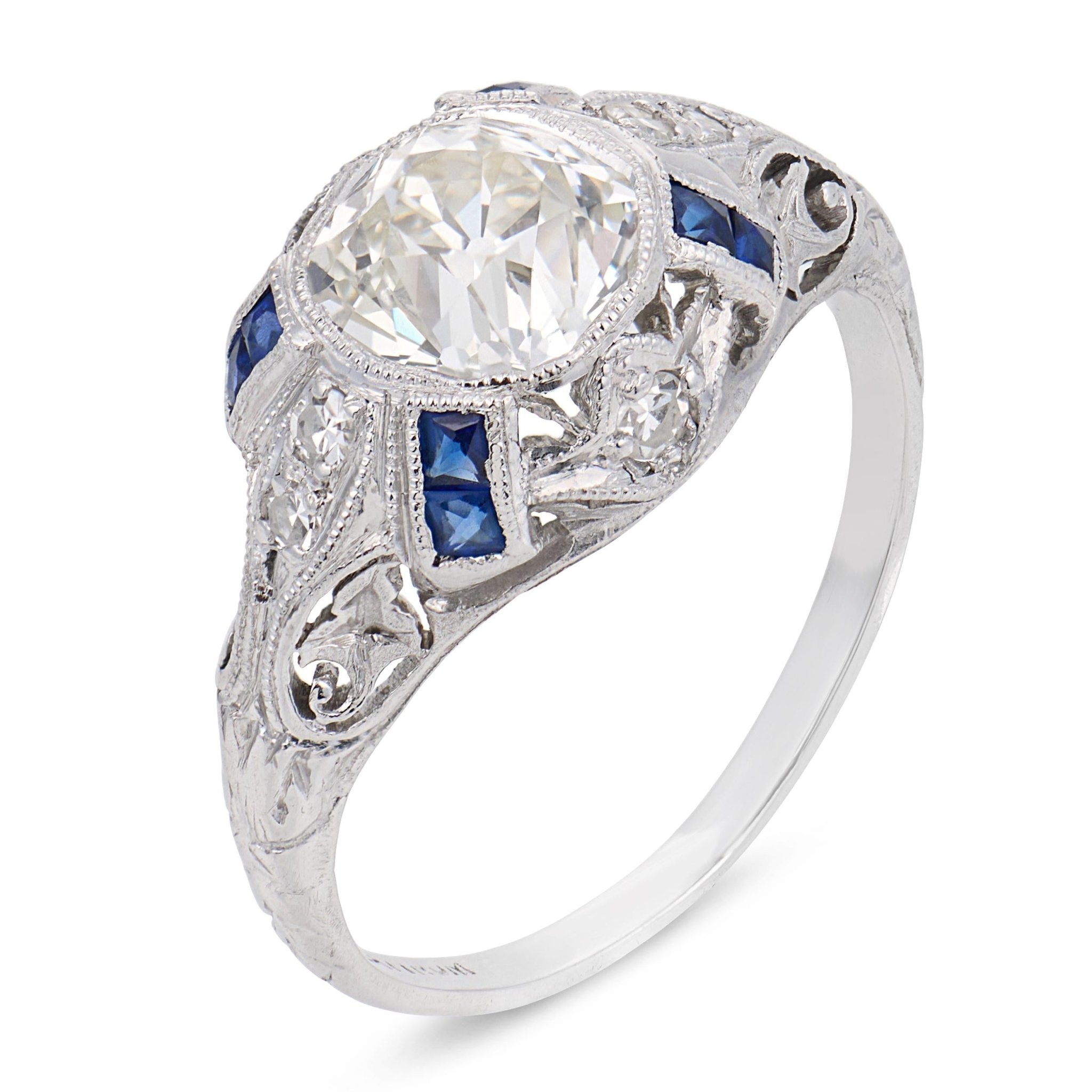 Art Deco GIA 1.36 carat diamond sapphire platinum engagement ring