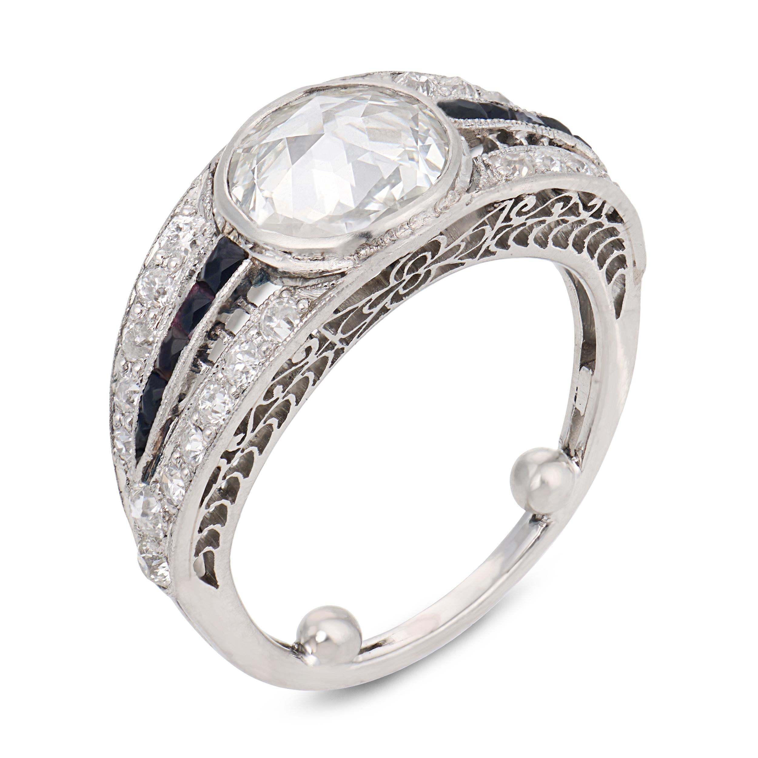 Art Deco GIA 1.06 carat rose cut diamond onyx platinum engagement ring