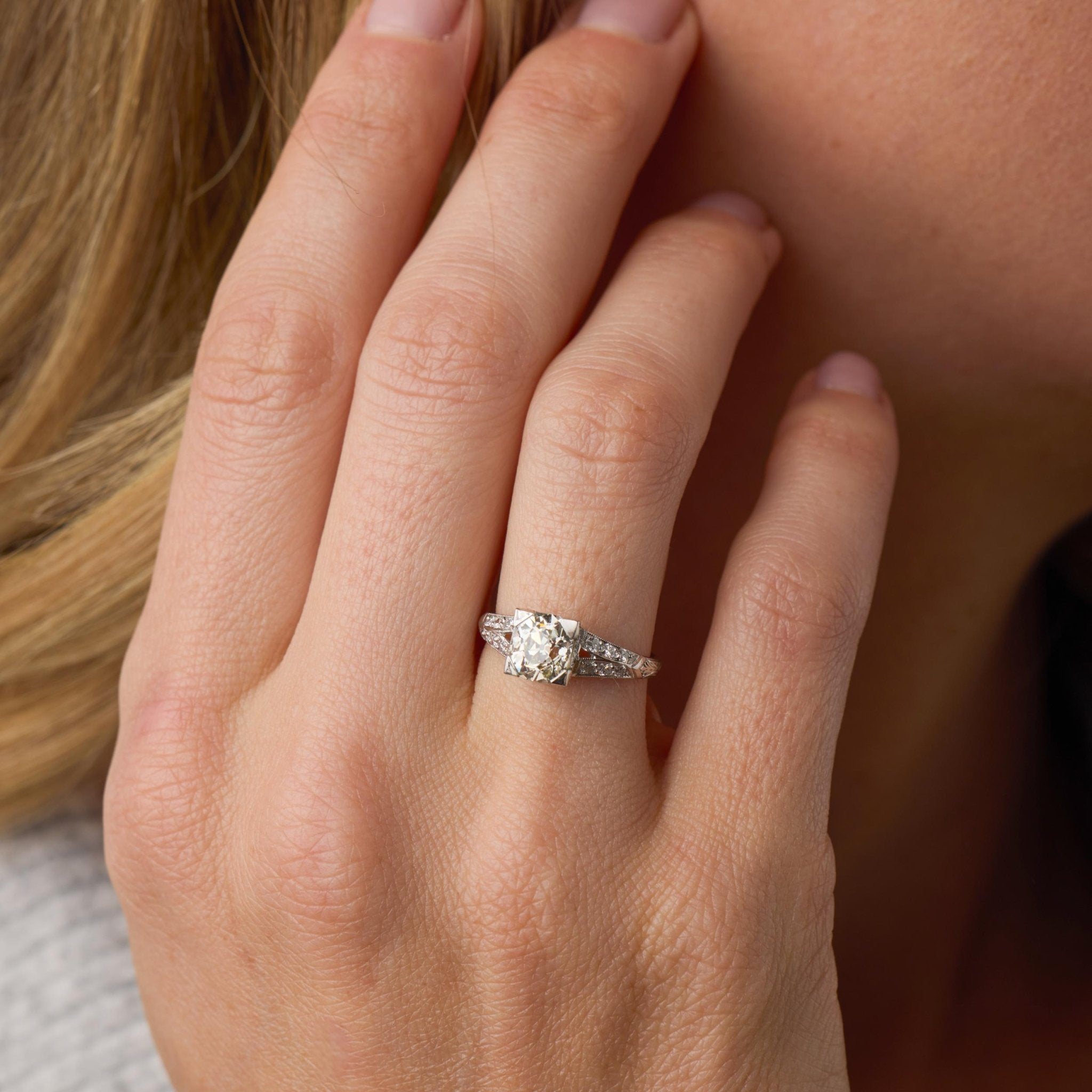 Art Deco GIA 1.35 carat old mine cut diamond platinum engagement ring