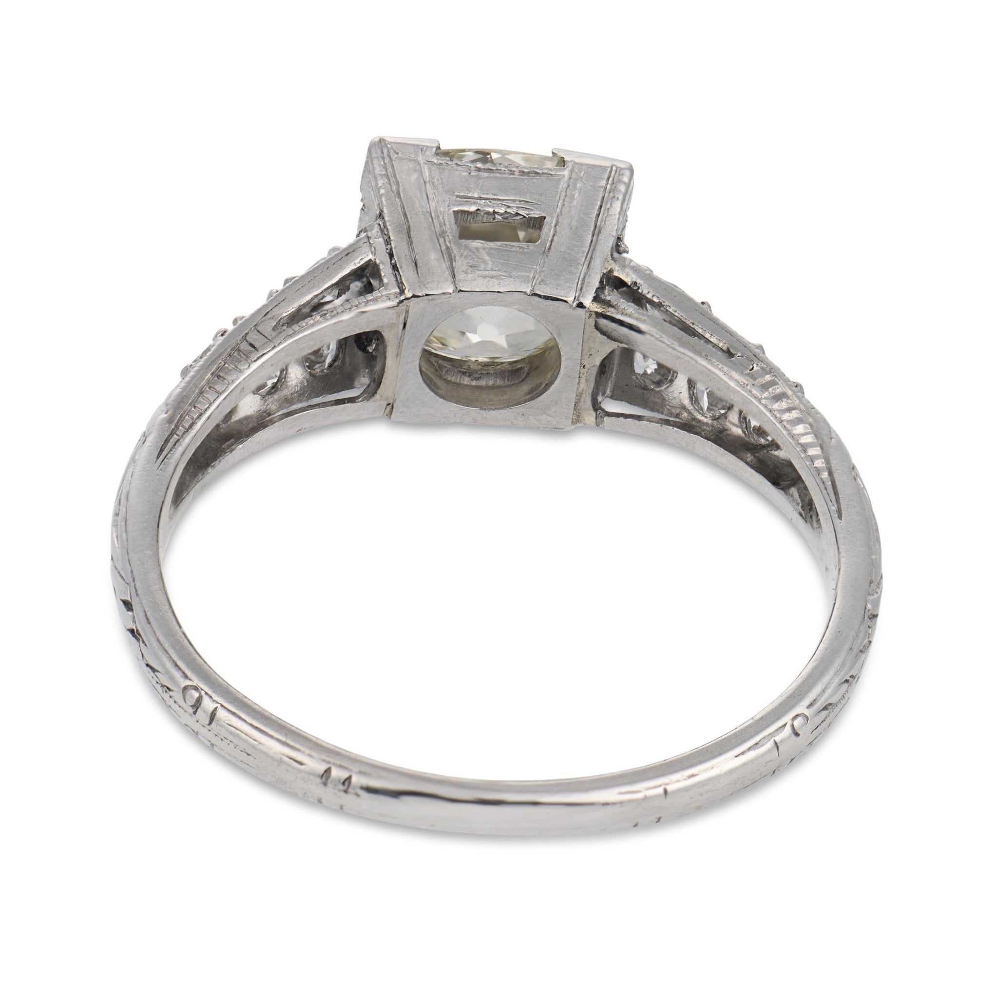 Art Deco GIA 1.35 carat old mine cut diamond platinum engagement ring