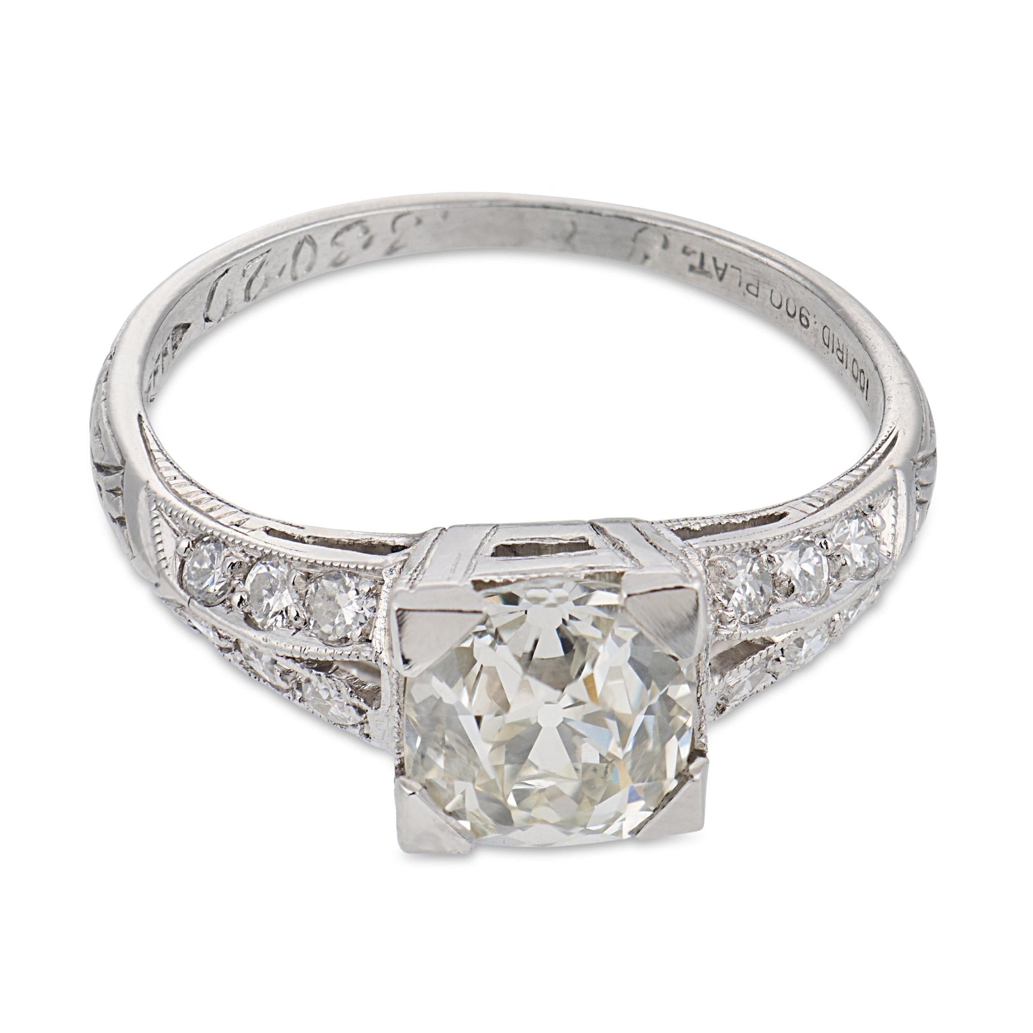 Art Deco GIA 1.35 carat old mine cut diamond platinum engagement ring
