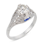 Art Deco GIA 1.02 carat diamond sapphire platinum engagement ring