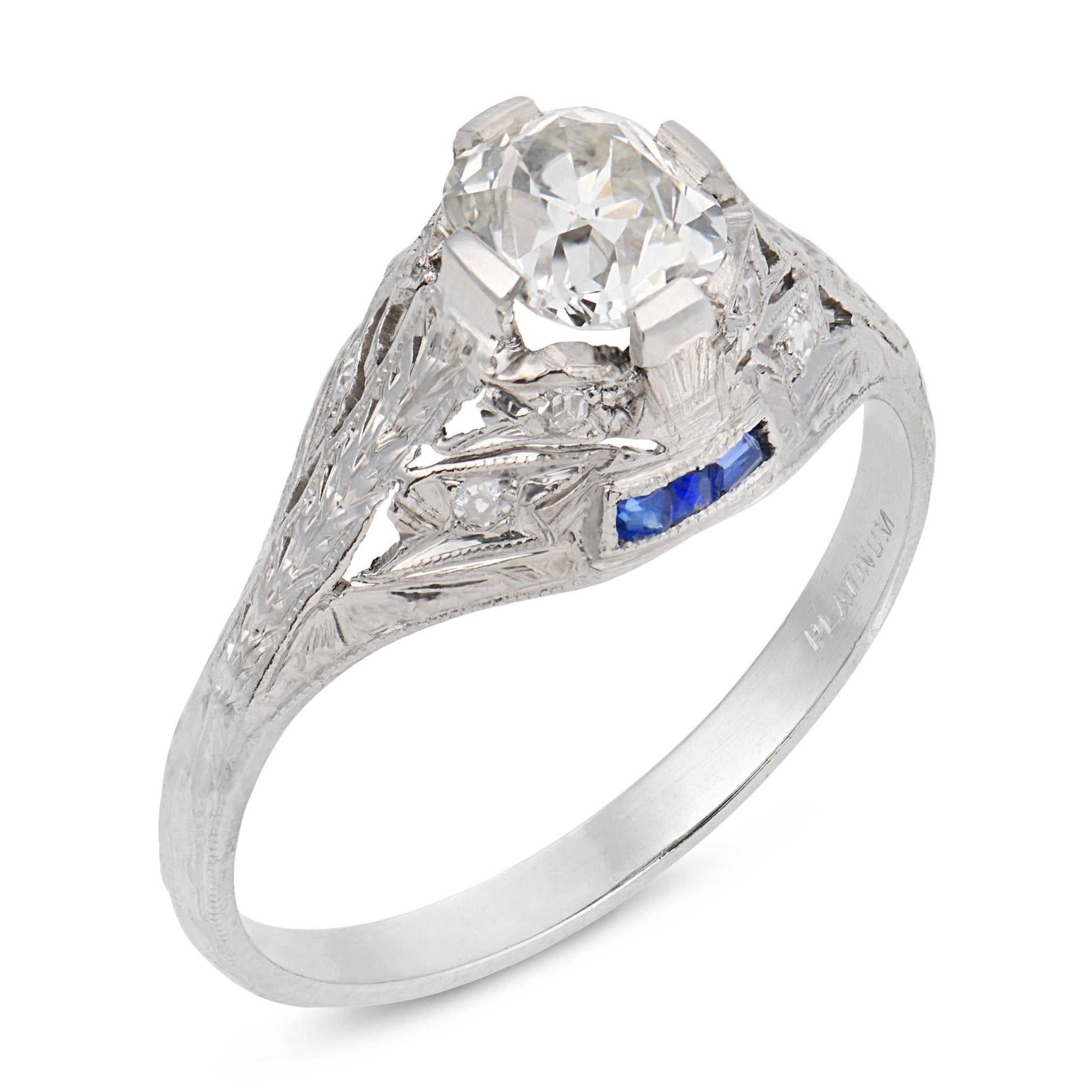 Art Deco GIA 1.02 carat diamond sapphire platinum engagement ring