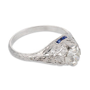 Art Deco GIA 1.02 carat diamond sapphire platinum engagement ring