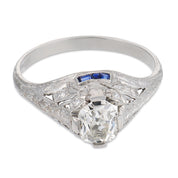 Art Deco GIA 1.02 carat diamond sapphire platinum engagement ring
