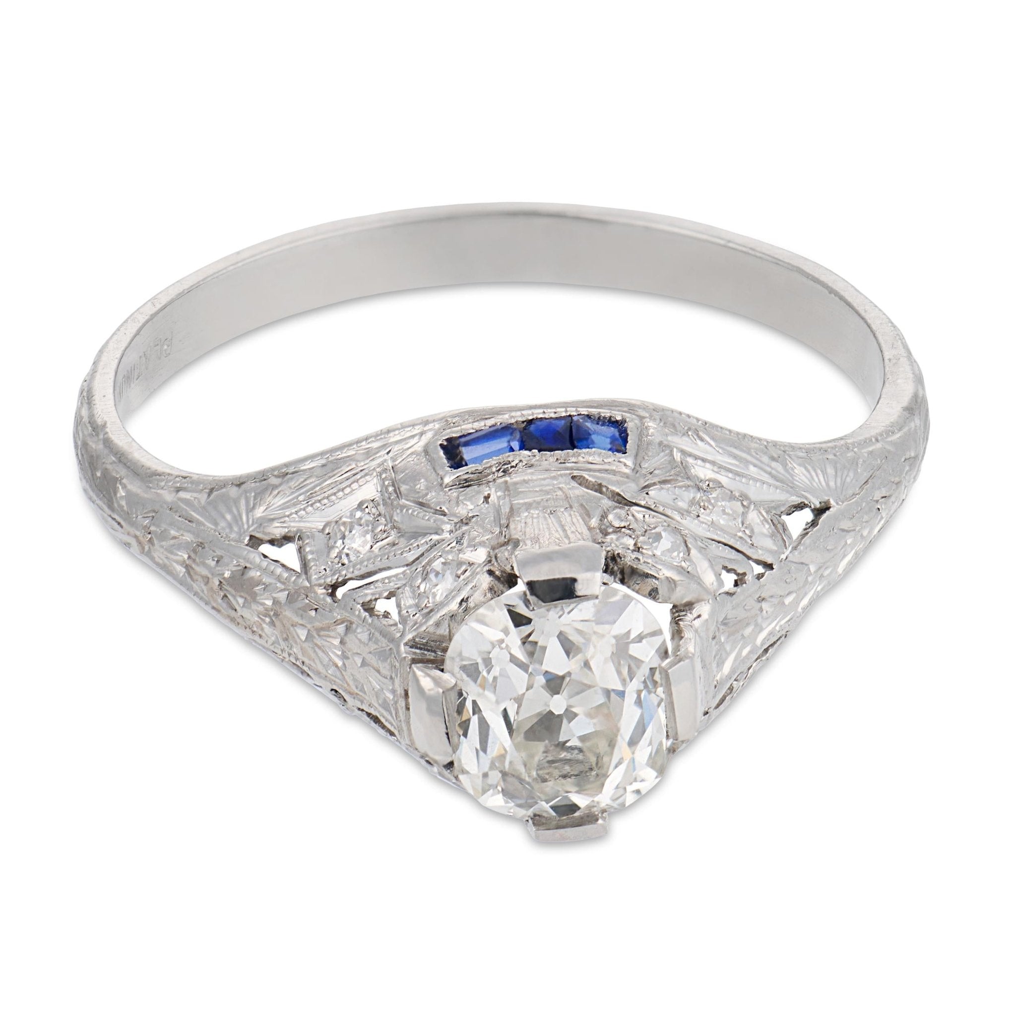 Art Deco GIA 1.02 carat diamond sapphire platinum engagement ring