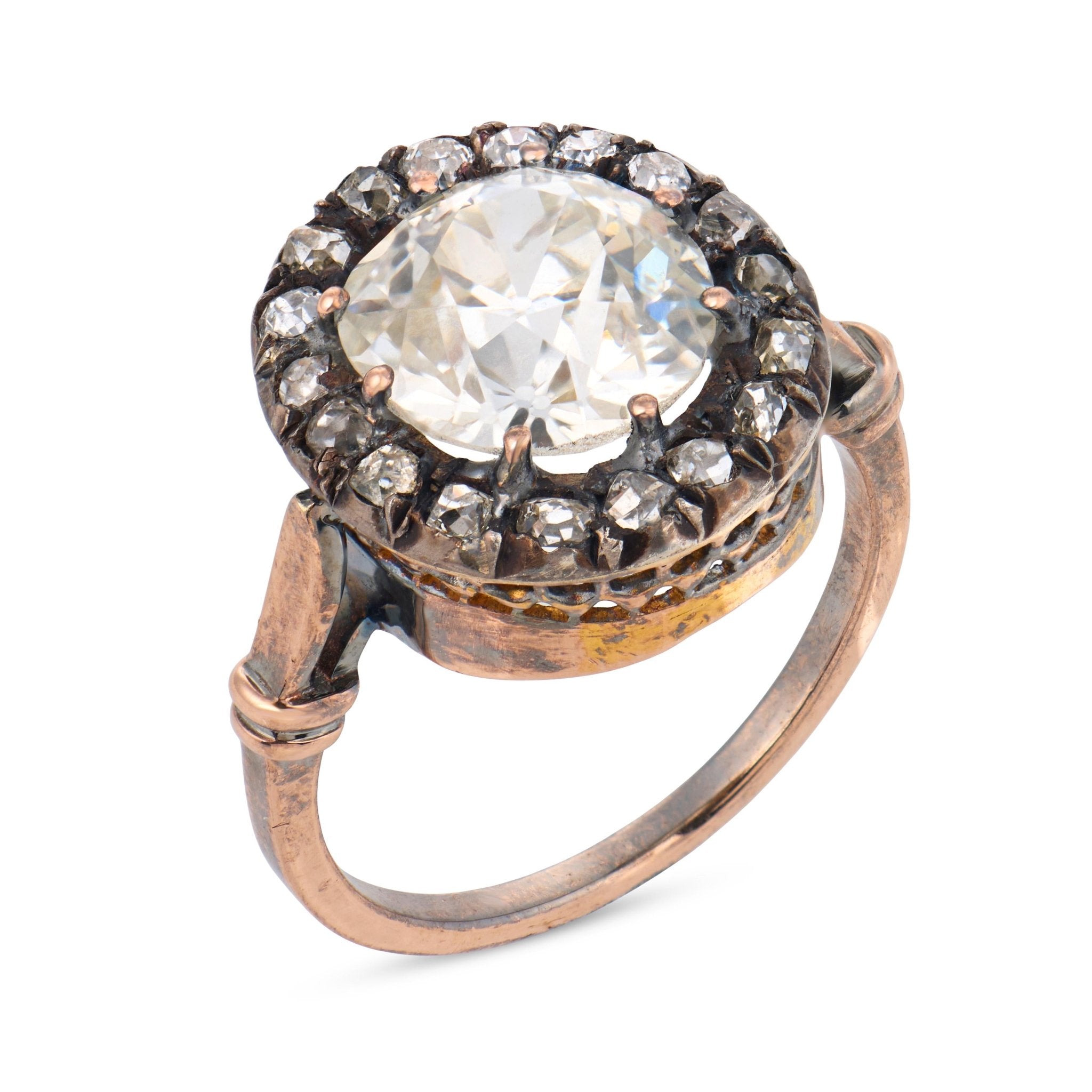 Victorian GIA 3.65 carat old mine cut diamond 14k yellow gold cluster ring
