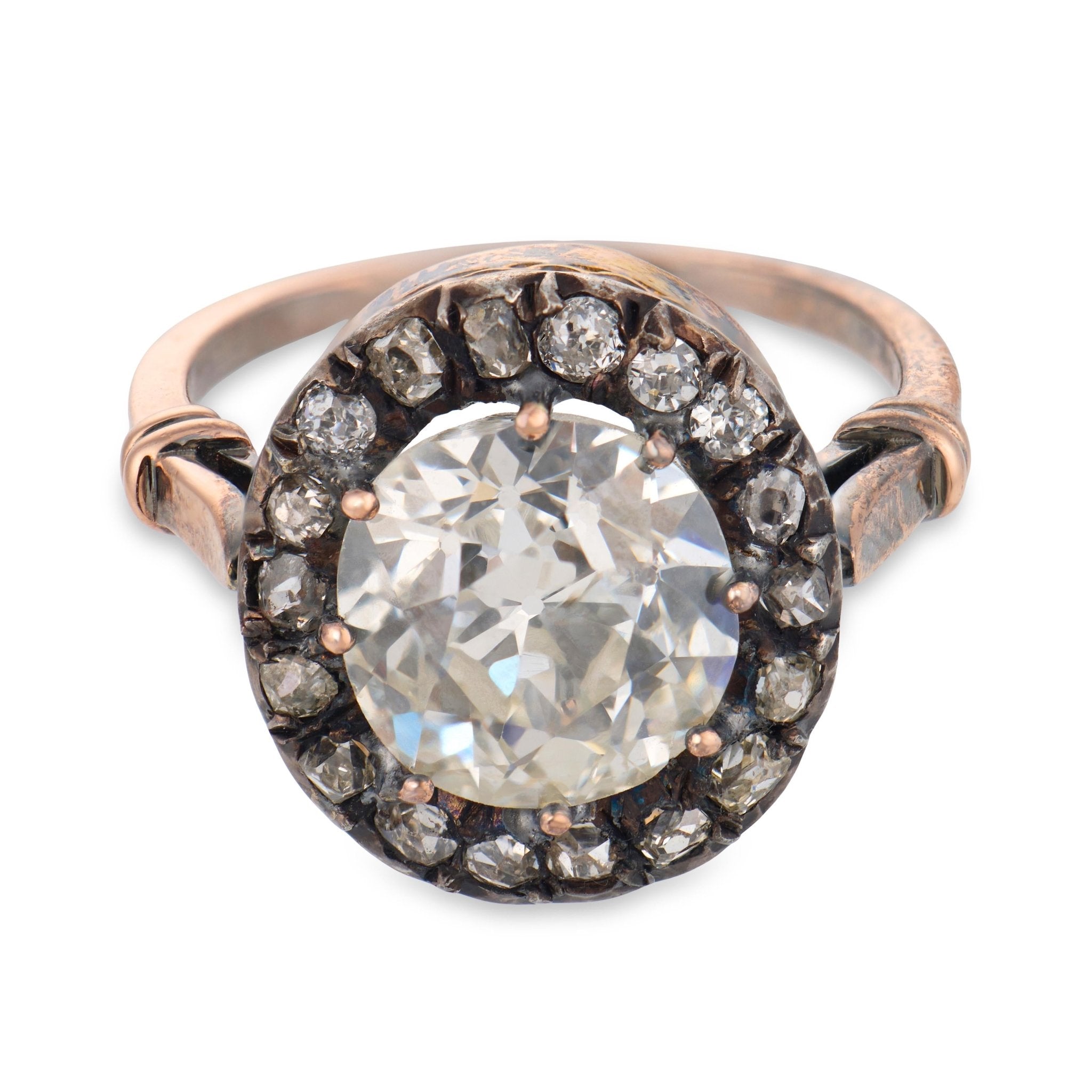 Victorian GIA 3.65 carat old mine cut diamond 14k yellow gold cluster ring