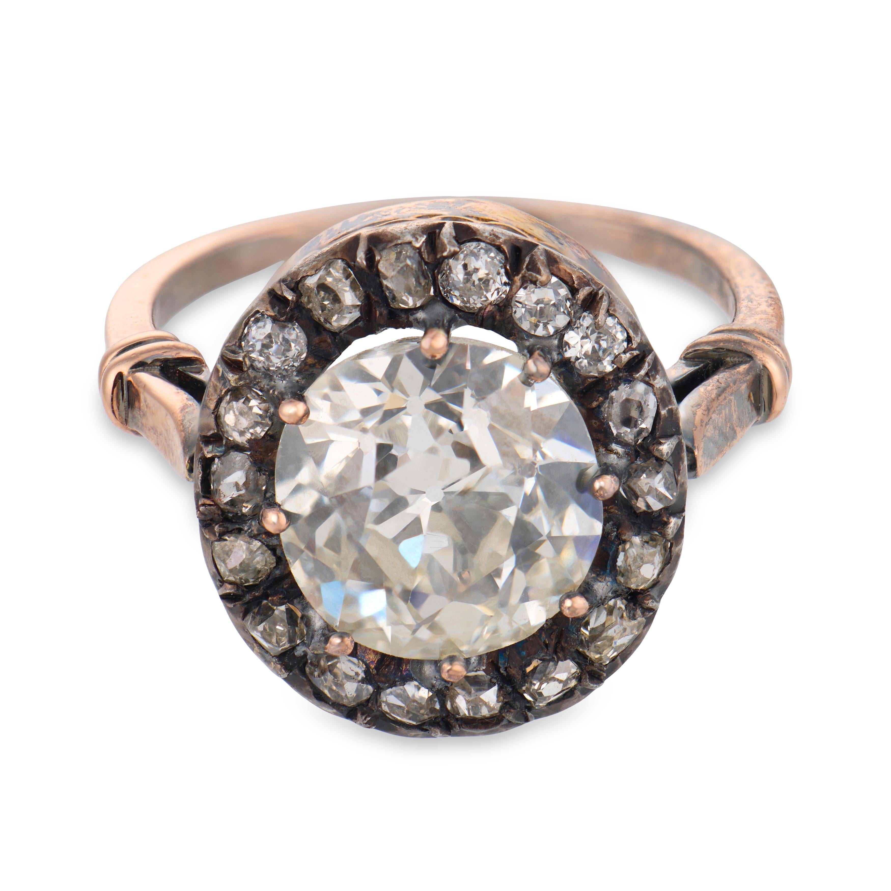 Victorian GIA 3.65 carat old mine cut diamond 14k yellow gold cluster ring