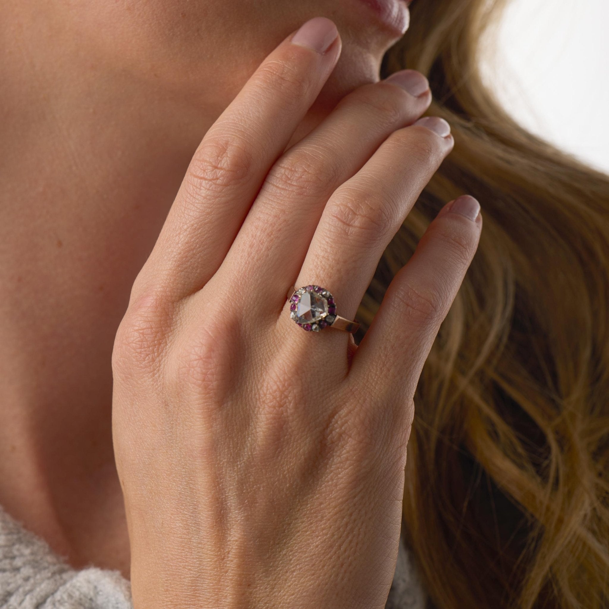 Victorian old cut diamond ruby 9k rose gold cluster ring