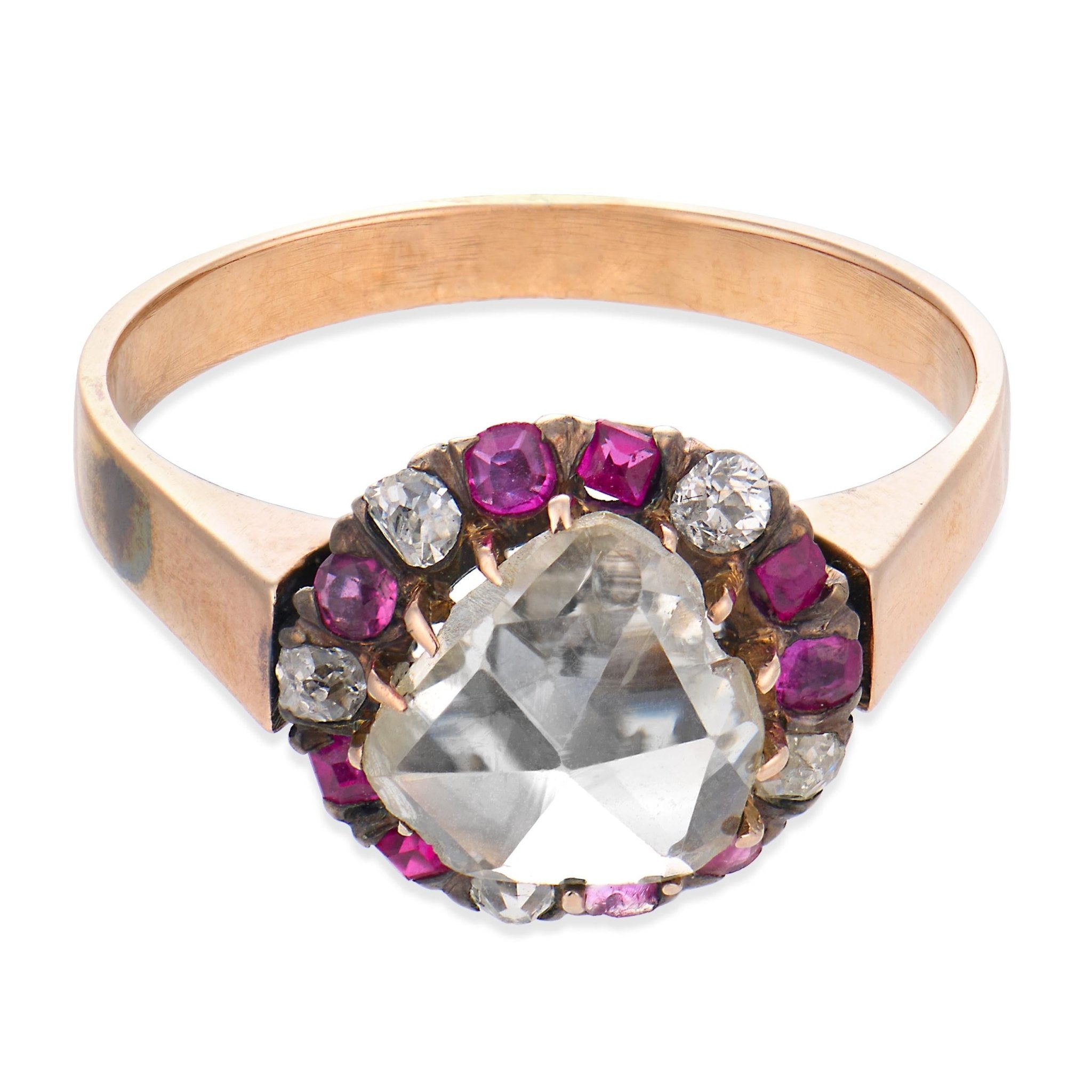 Victorian old cut diamond ruby 9k rose gold cluster ring
