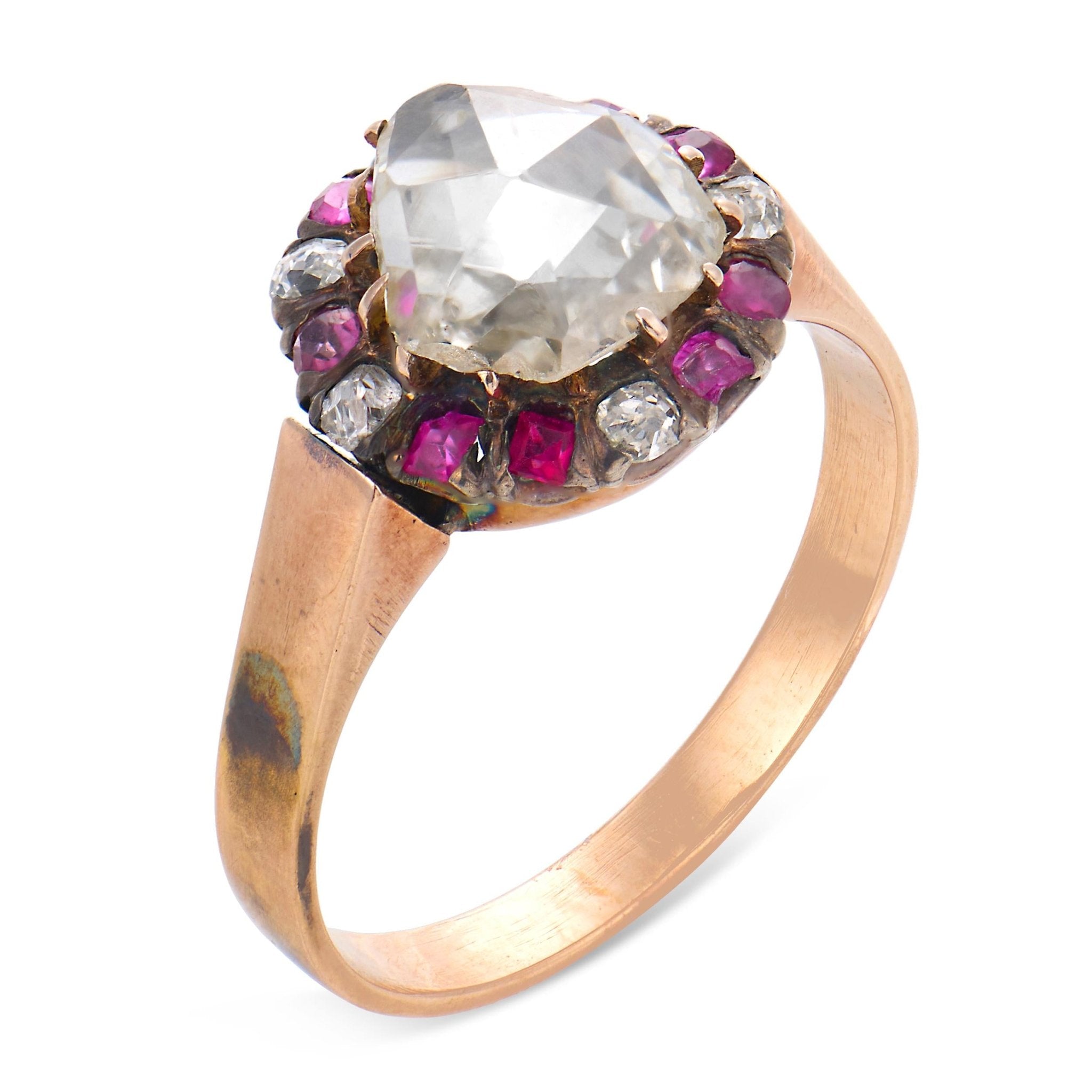 Victorian old cut diamond ruby 9k rose gold cluster ring