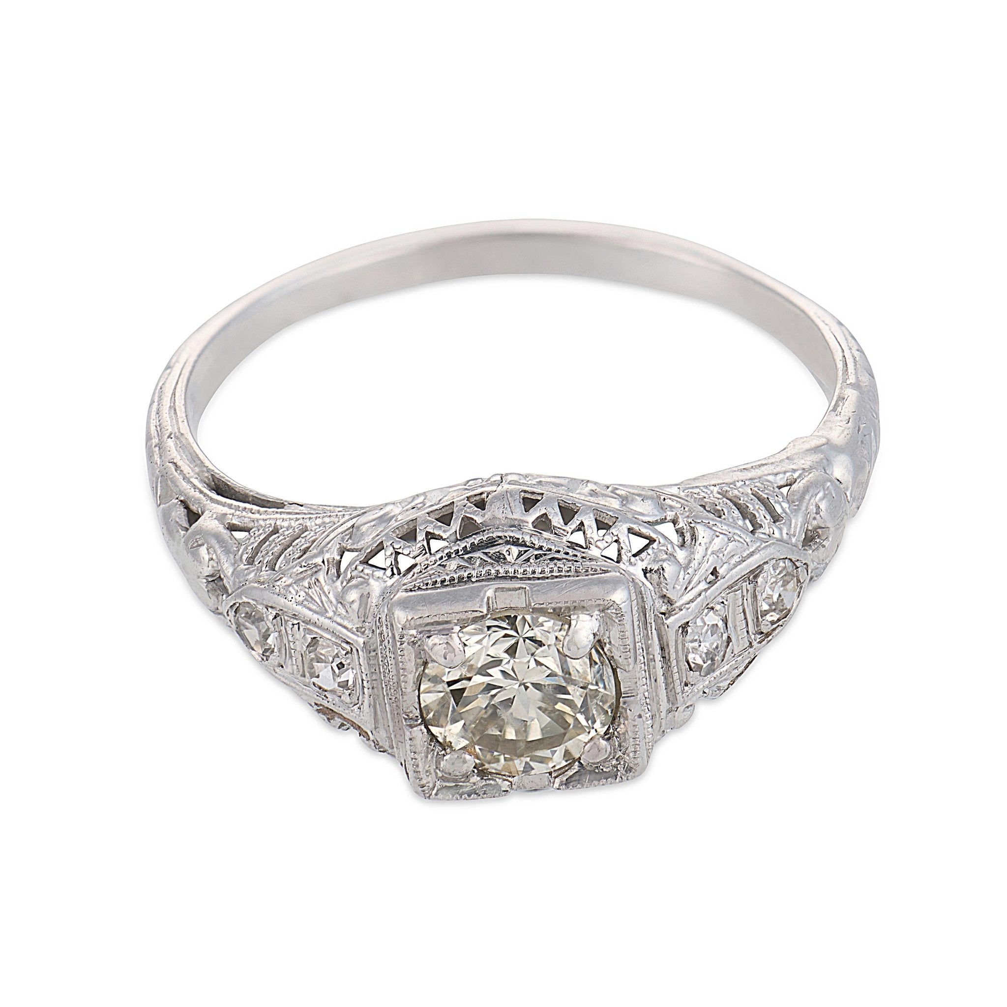 Art Deco diamond 18k white gold engagement filigree ring