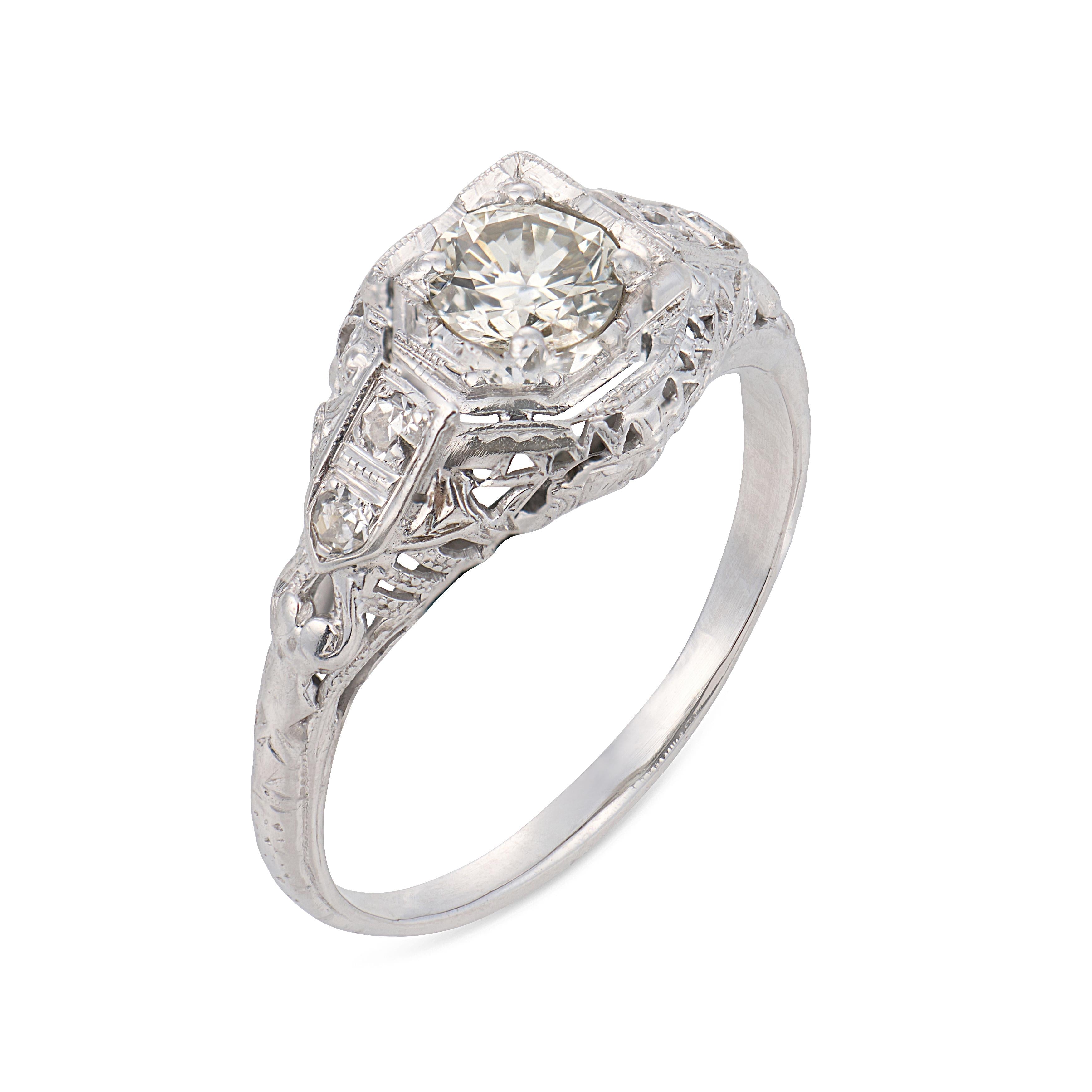 Art Deco diamond 18k white gold engagement filigree ring