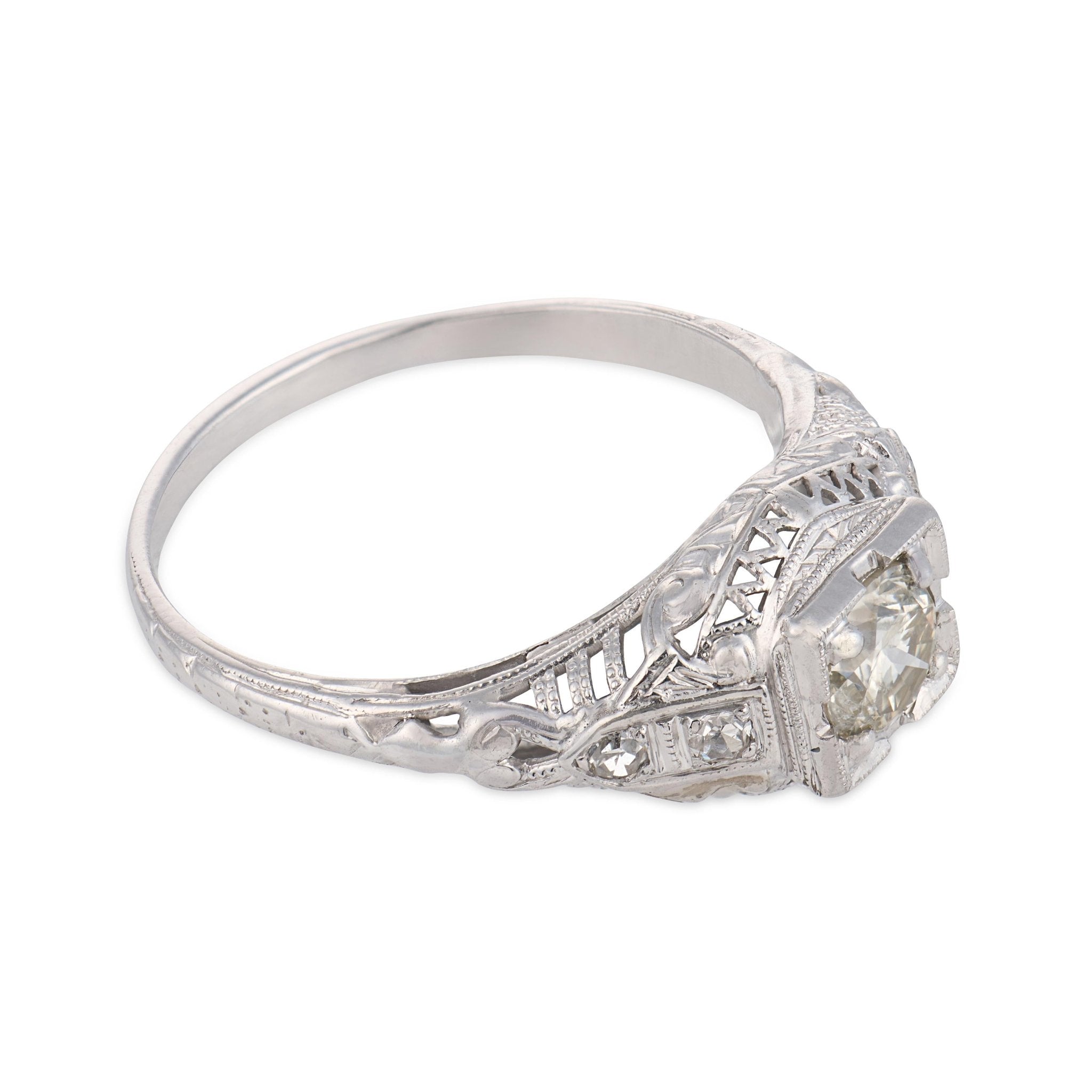 Art Deco diamond 18k white gold engagement filigree ring