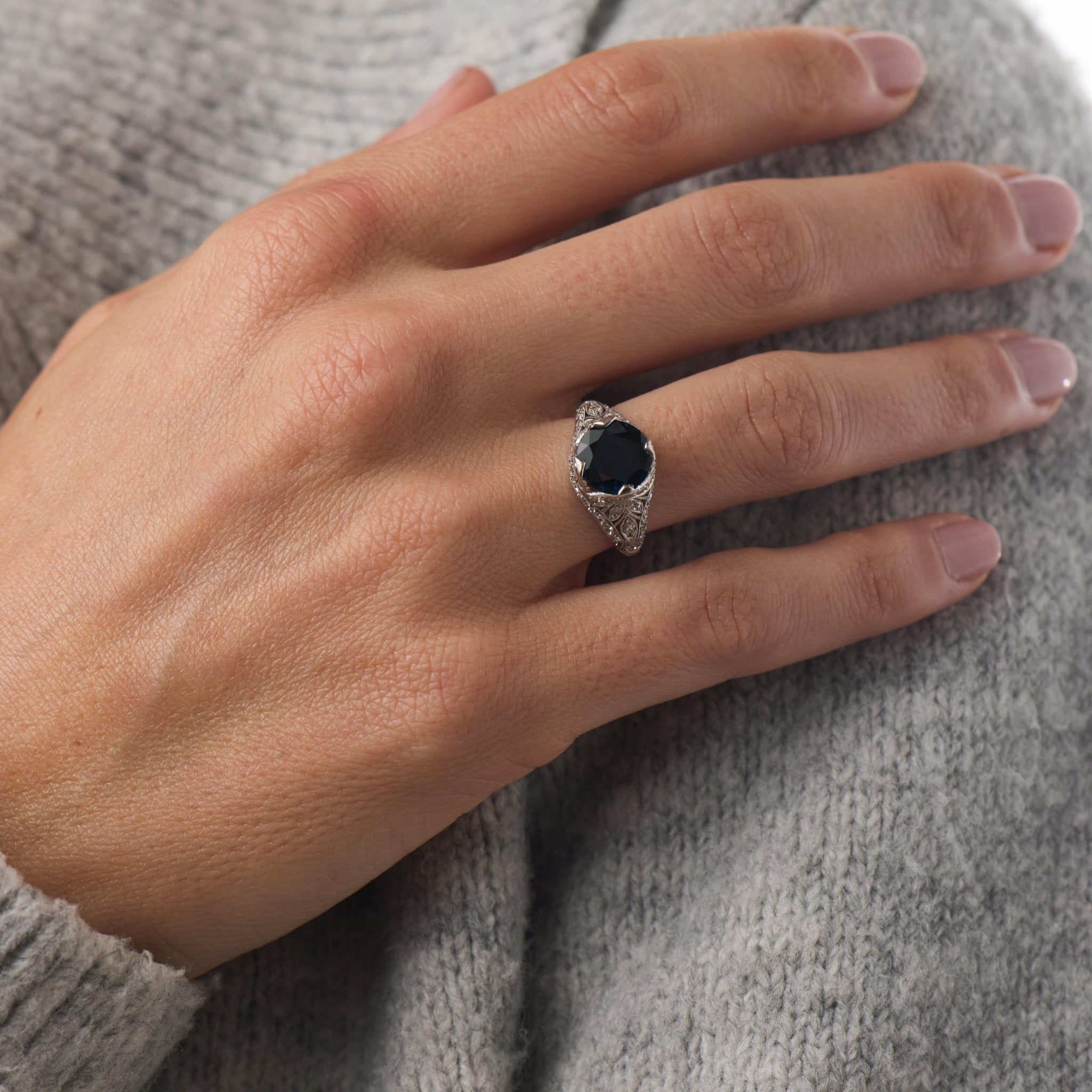 Art Deco GIA 2.60 carat no heat sapphire diamond platinum filigree ring