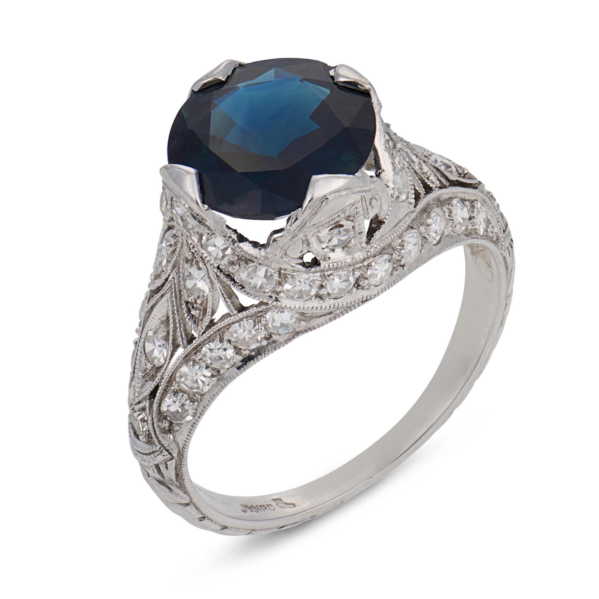 Art Deco GIA 2.60 carat no heat sapphire diamond platinum filigree ring