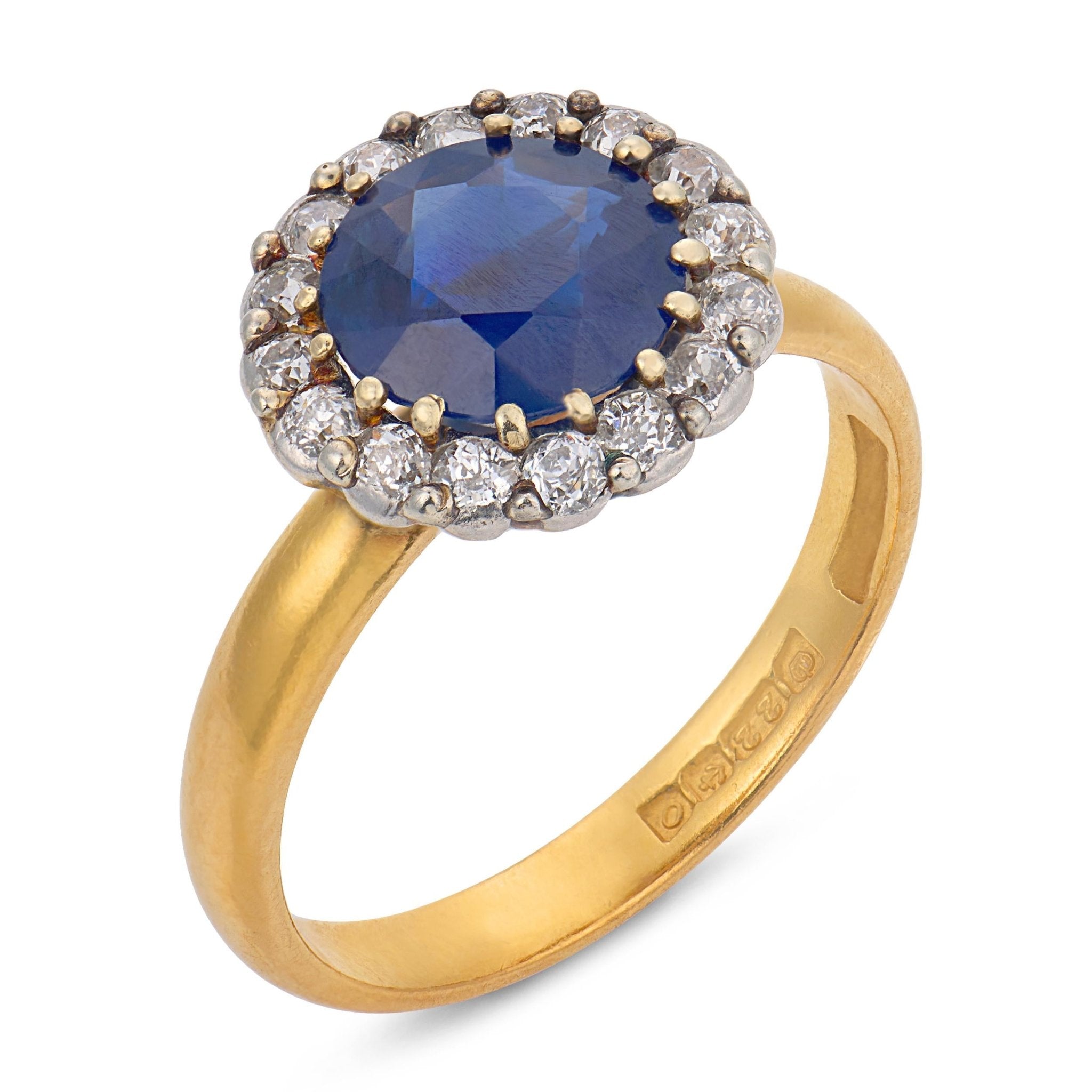 Edwardian English GIA 2.45 carat no heat sapphire diamond 22k yellow gold ring