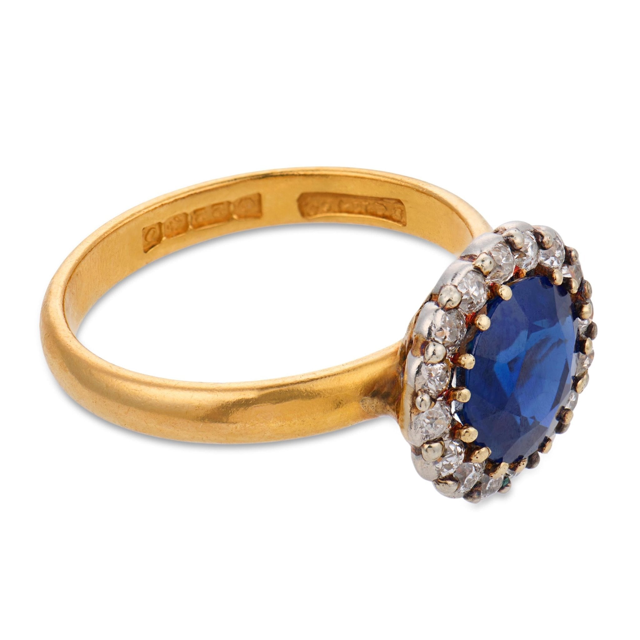 Edwardian English GIA 2.45 carat no heat sapphire diamond 22k yellow gold ring