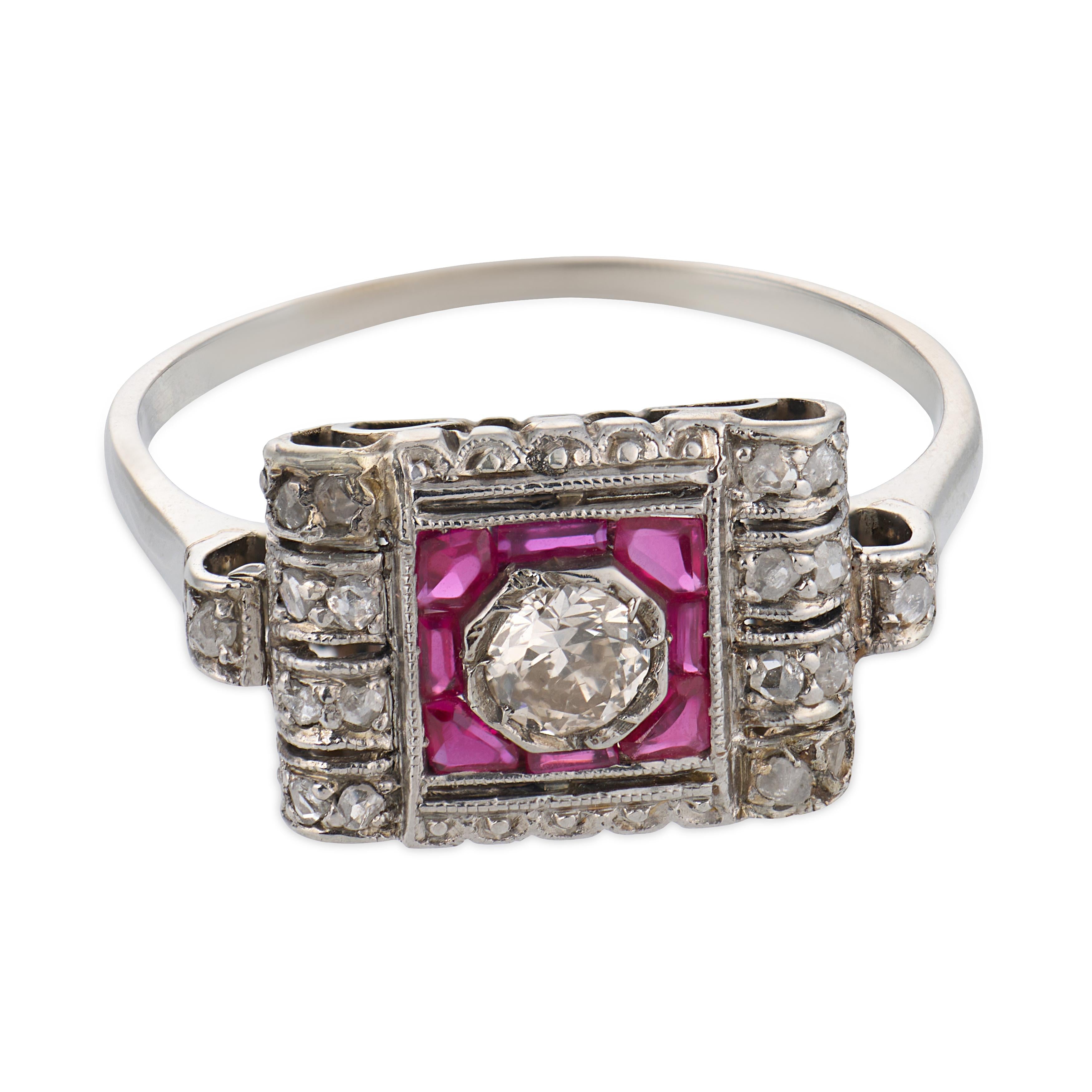 Art Deco style diamond ruby platinum ring