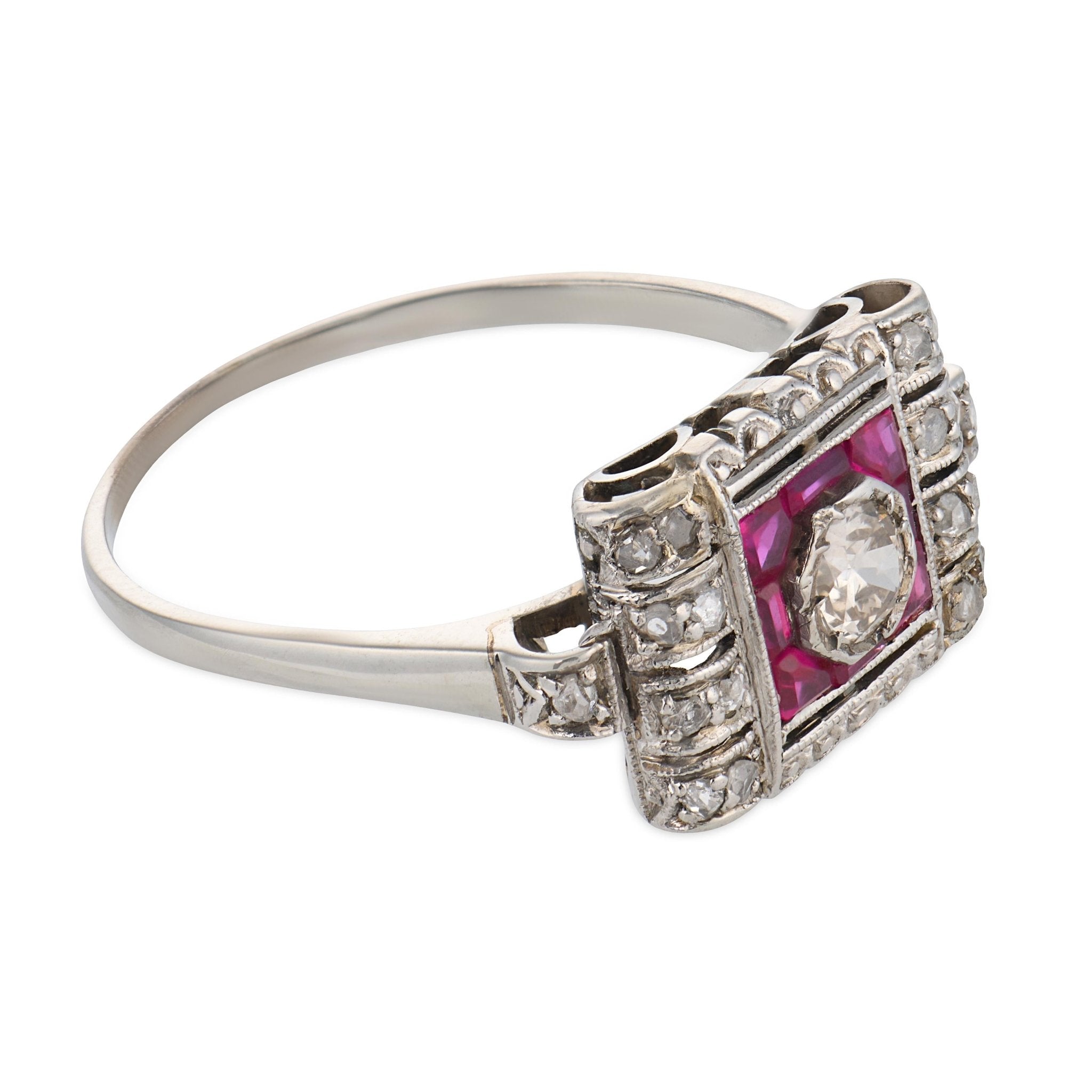 Art Deco style diamond ruby platinum ring