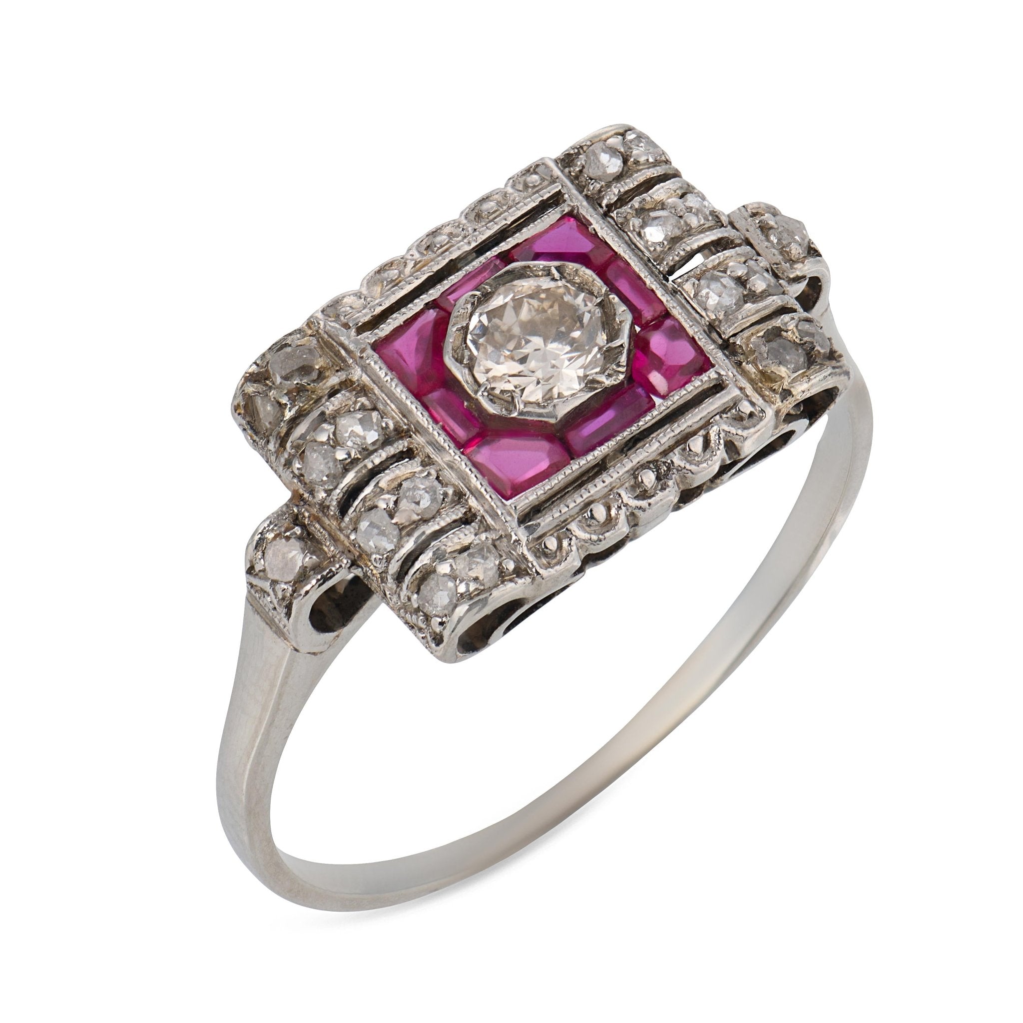 Art Deco style diamond ruby platinum ring
