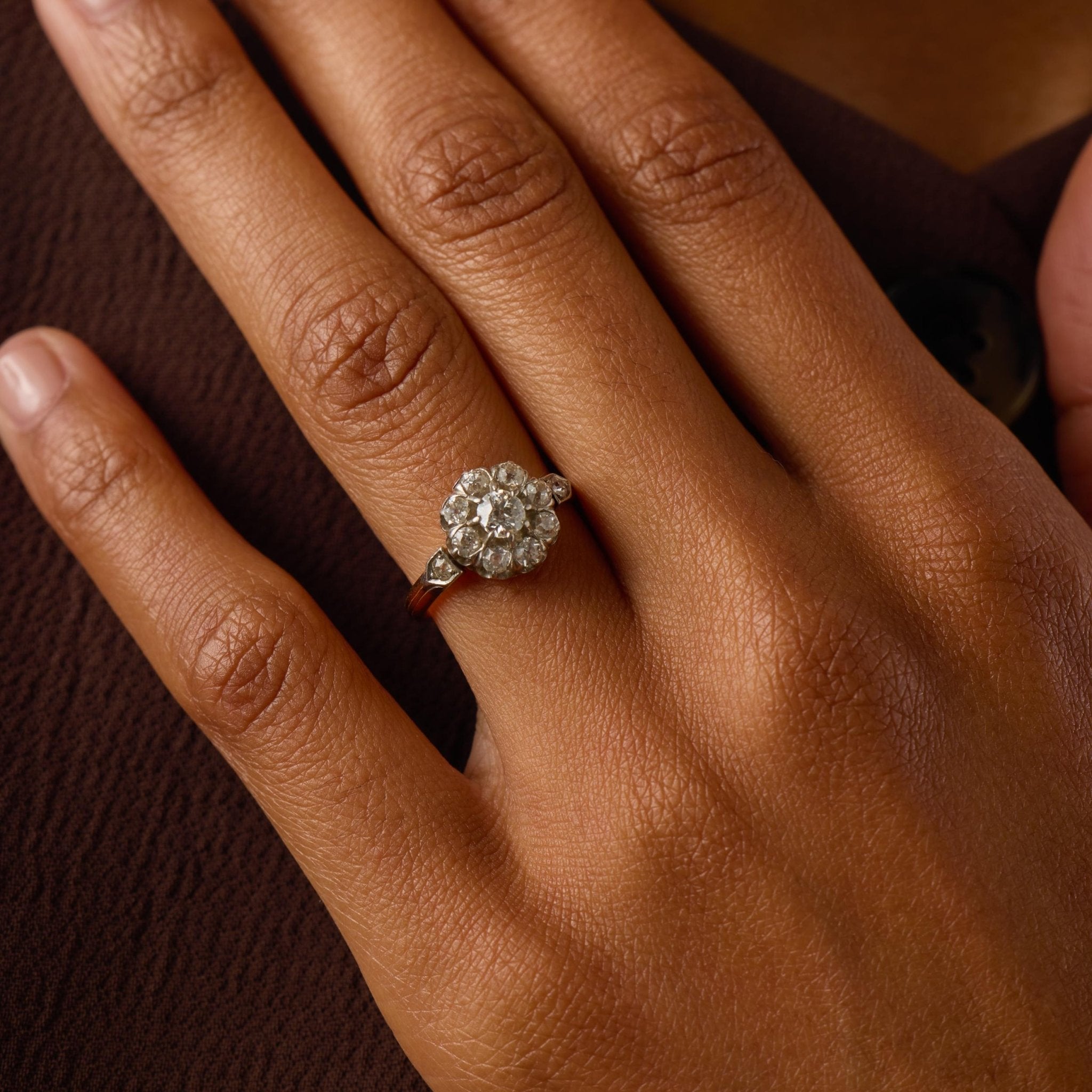Edwardian old cut diamond two tone cluster ring