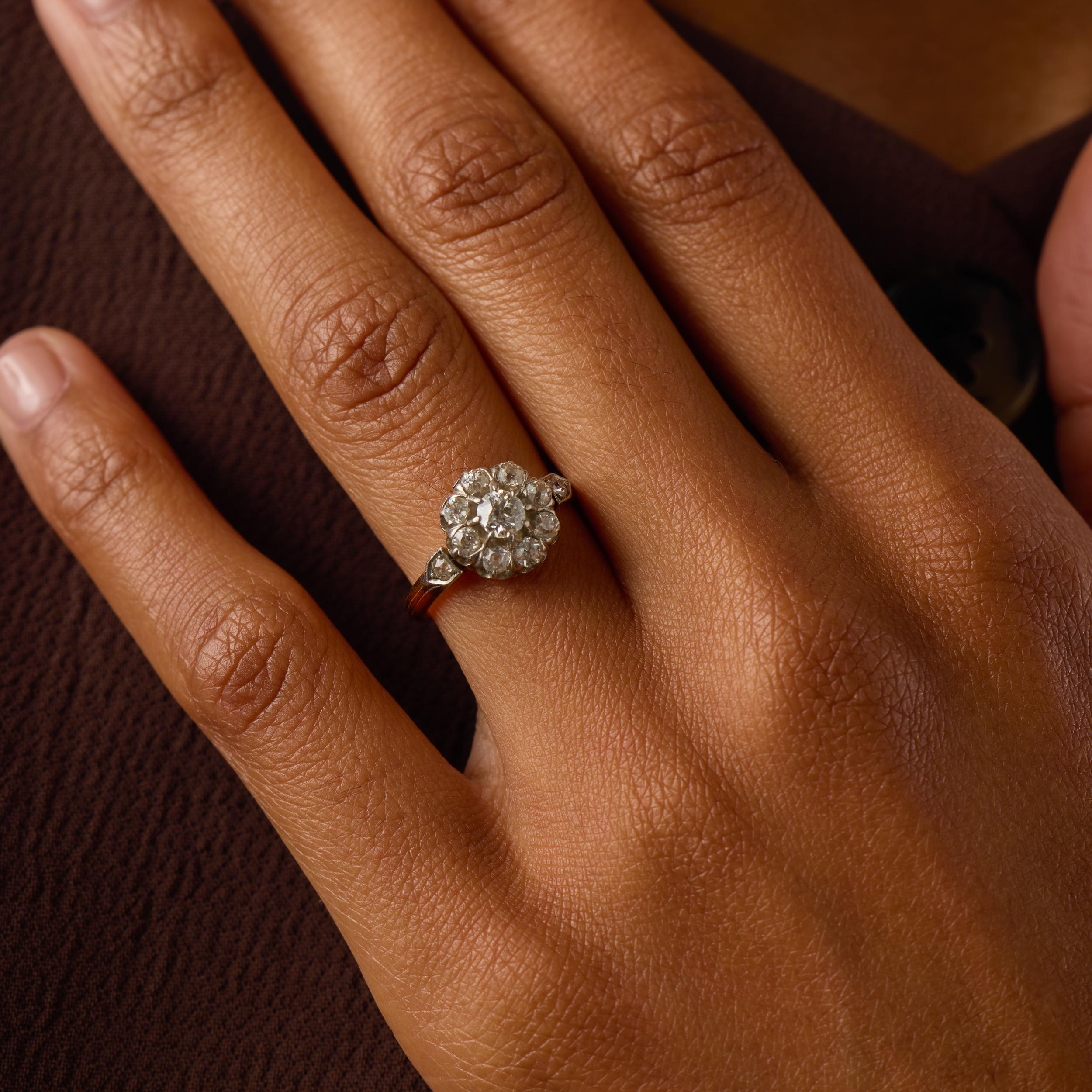 Edwardian old cut diamond two tone cluster ring