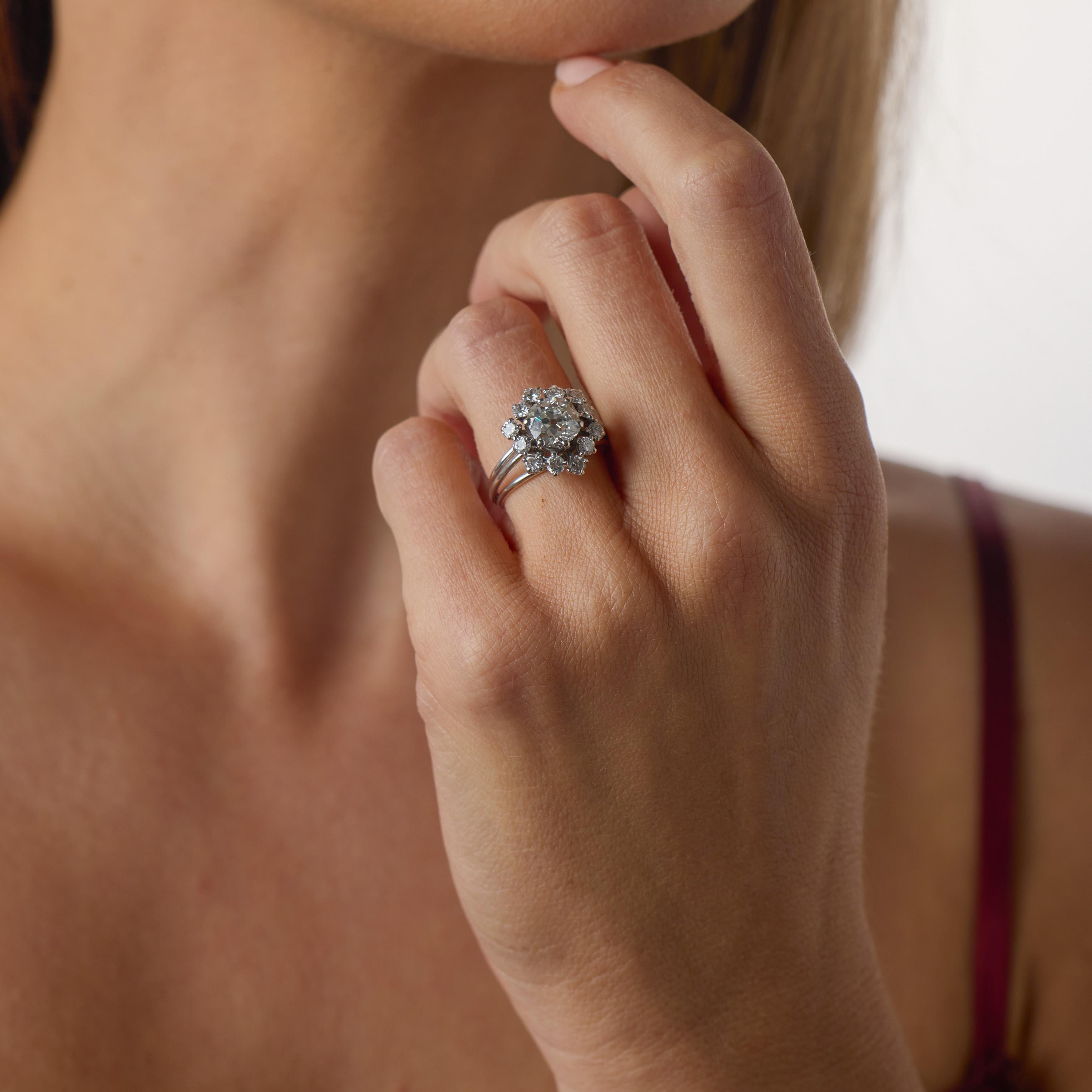French Mid Century GIA 1.81 carat old mine diamond 18k white gold ring