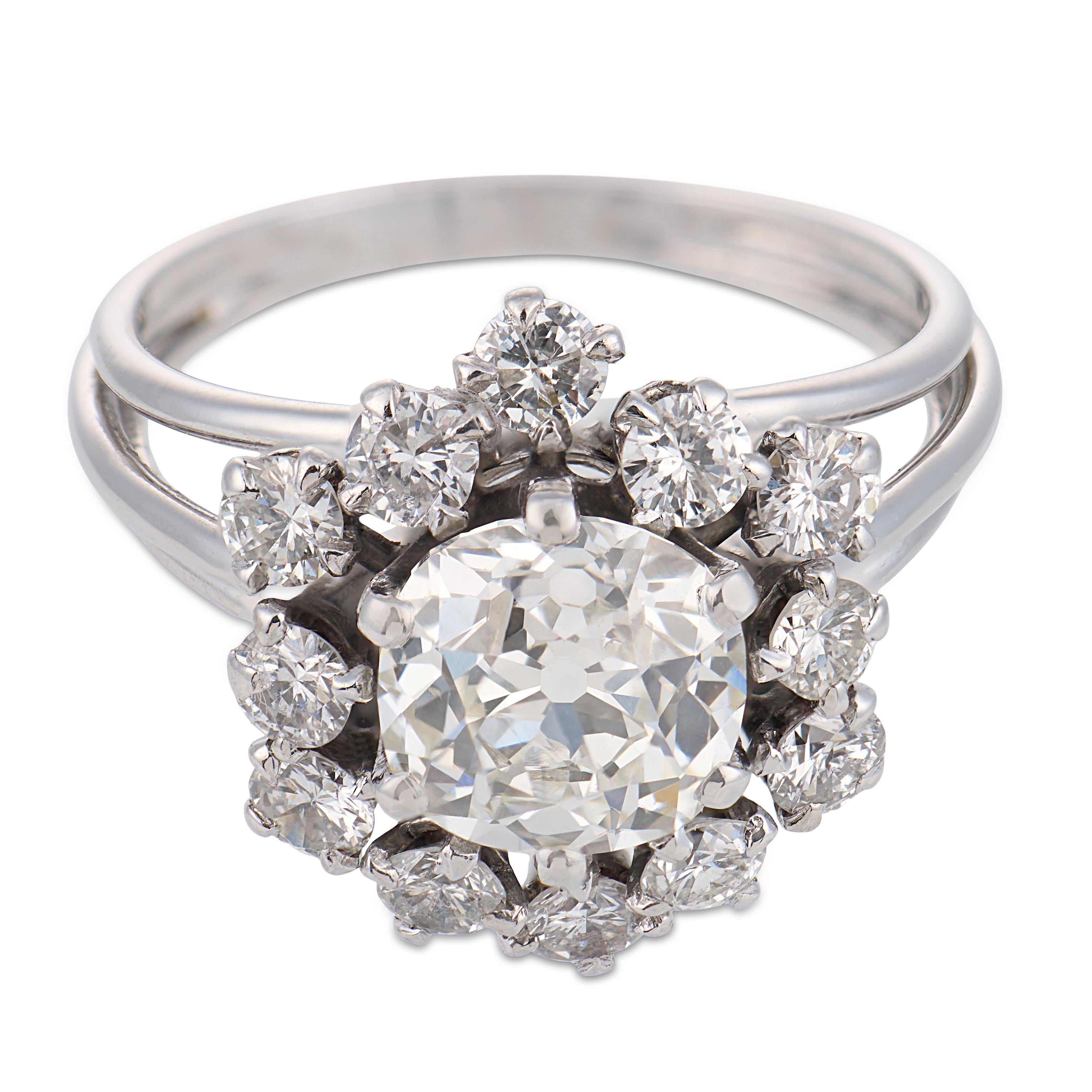 French Mid Century GIA 1.81 carat old mine diamond 18k white gold ring
