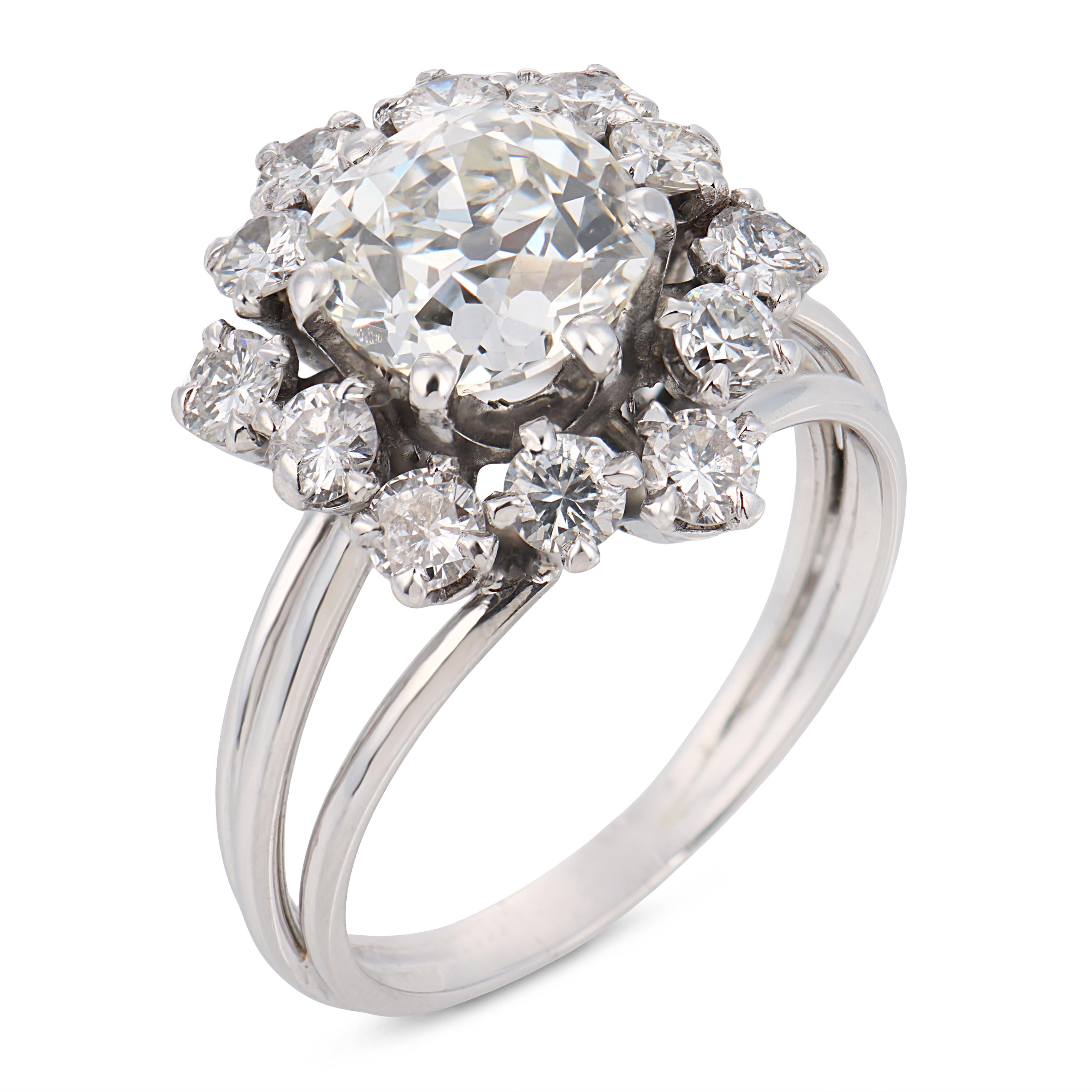 French Mid Century GIA 1.81 carat old mine diamond 18k white gold ring
