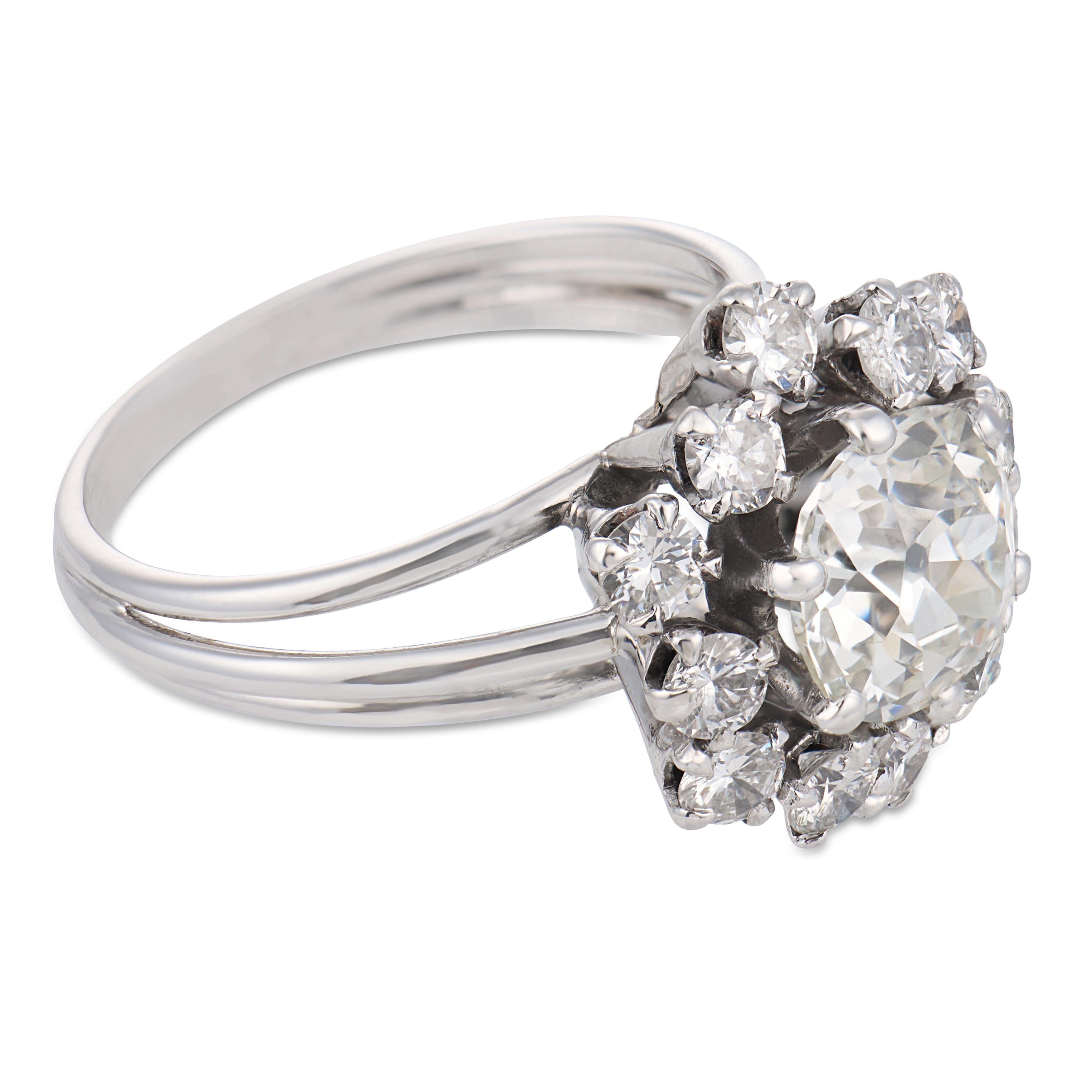 French Mid Century GIA 1.81 carat old mine diamond 18k white gold ring