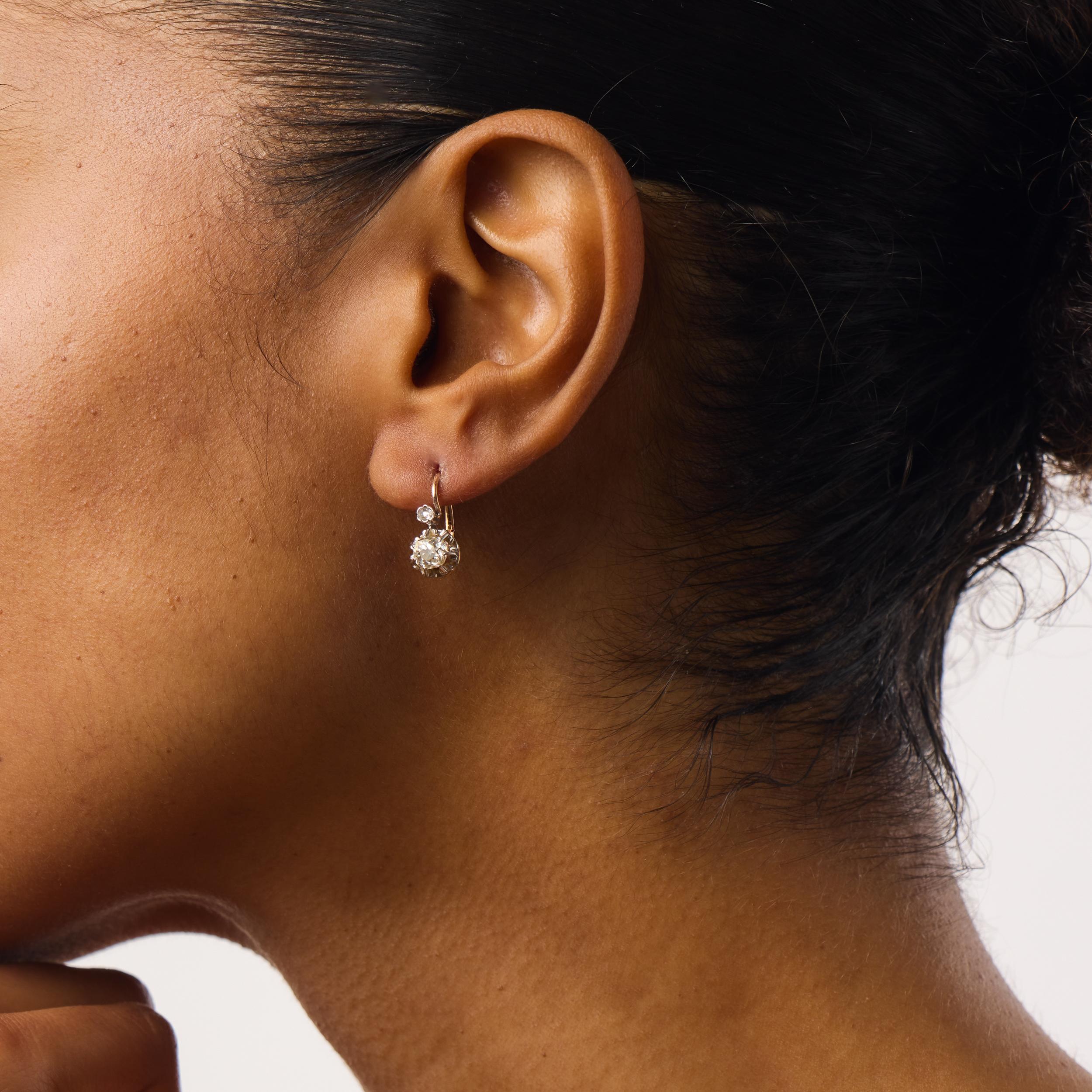 French Belle Époque old cut diamond two tone drop earrings