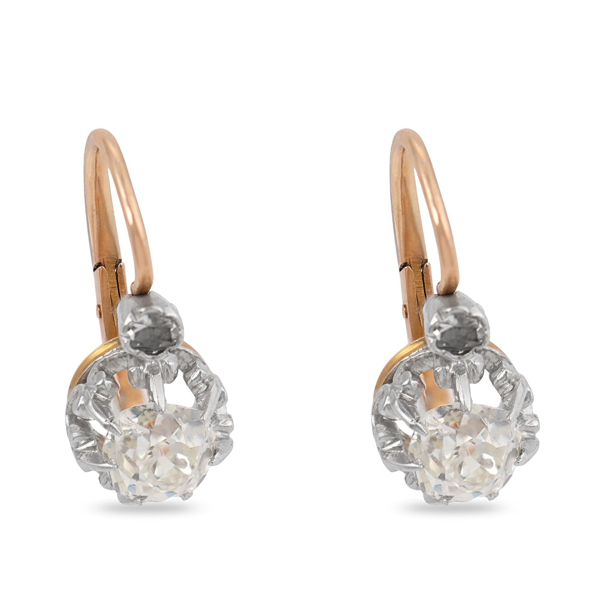 French Belle Époque old cut diamond two tone drop earrings