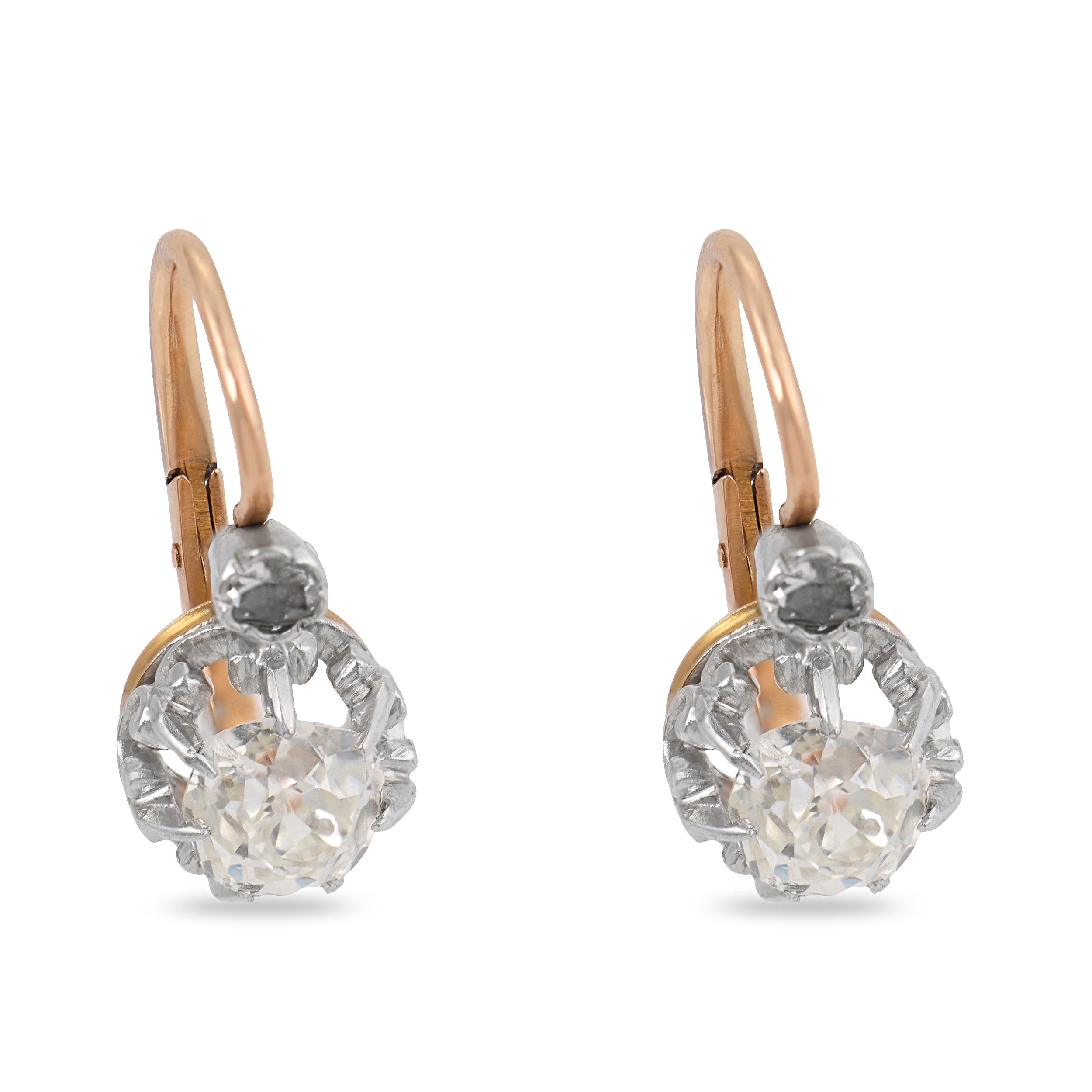 French Belle Époque old cut diamond two tone drop earrings
