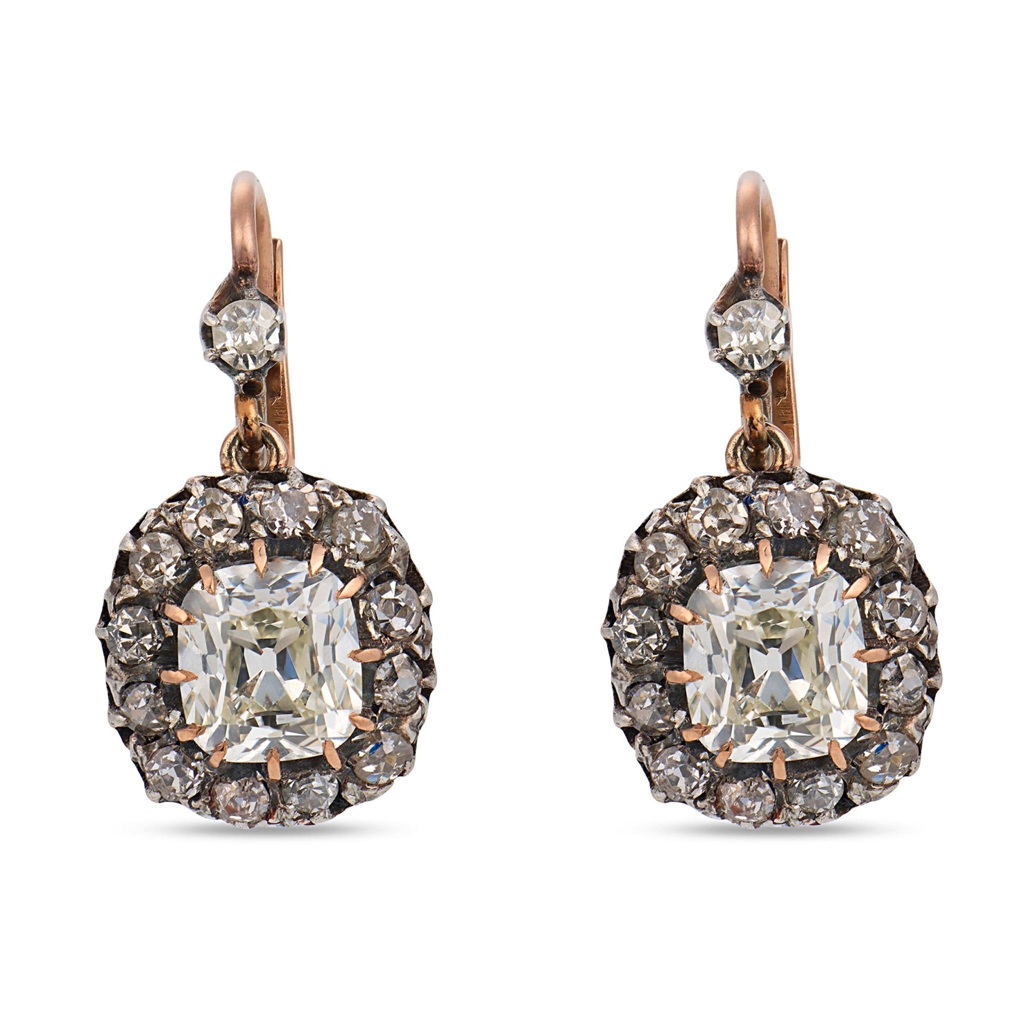 Victorian GIA 4.30 carat diamond 14k rose gold silver cluster earrings